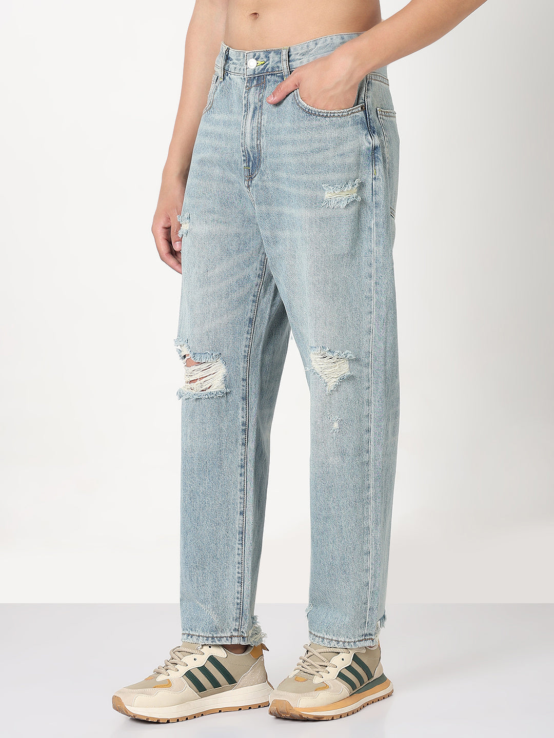 Men's Blue Washed Distressed Straight Fit Jeans