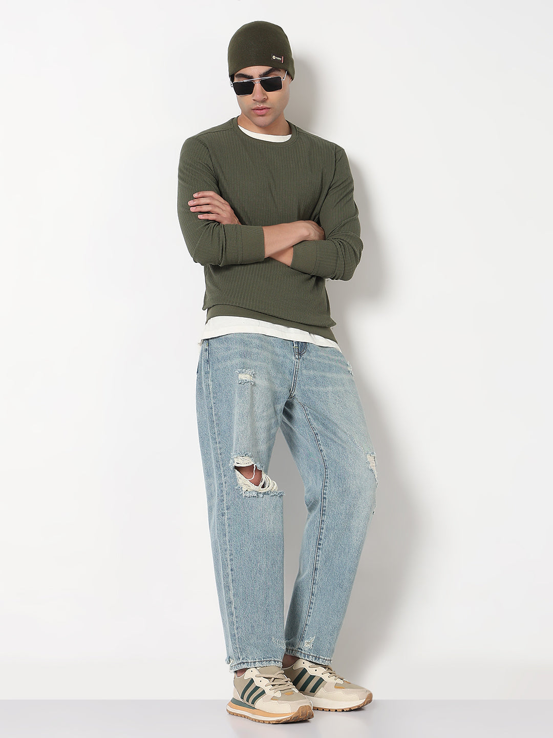 Men's Blue Washed Distressed Straight Fit Jeans