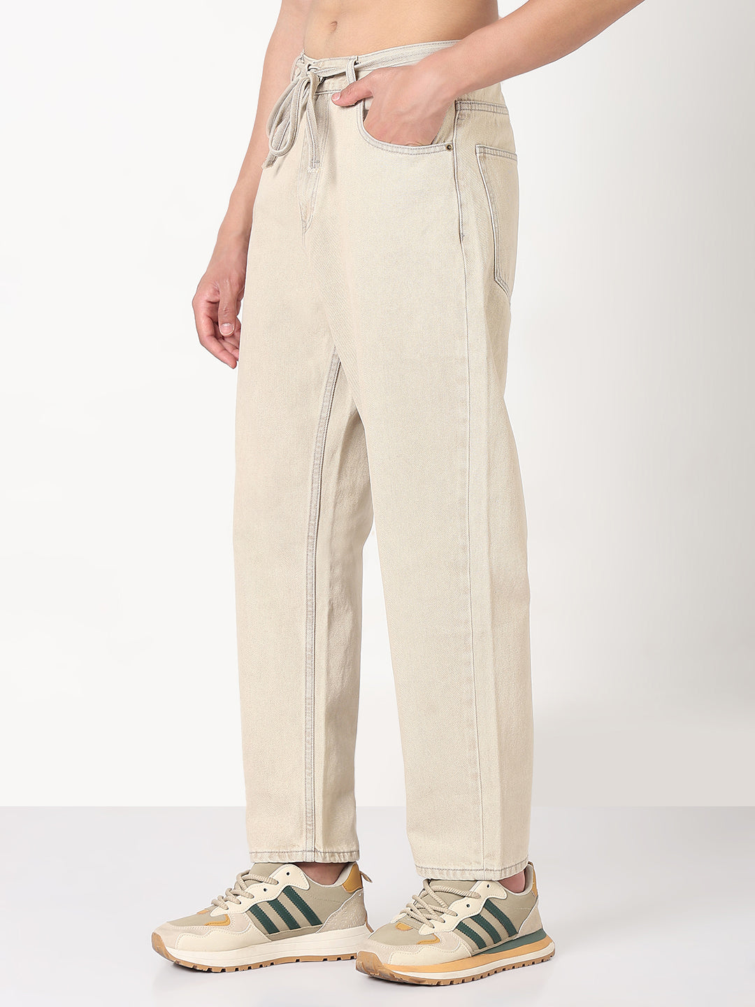Men's Beige Straight Fit Jeans with Drawstrings
