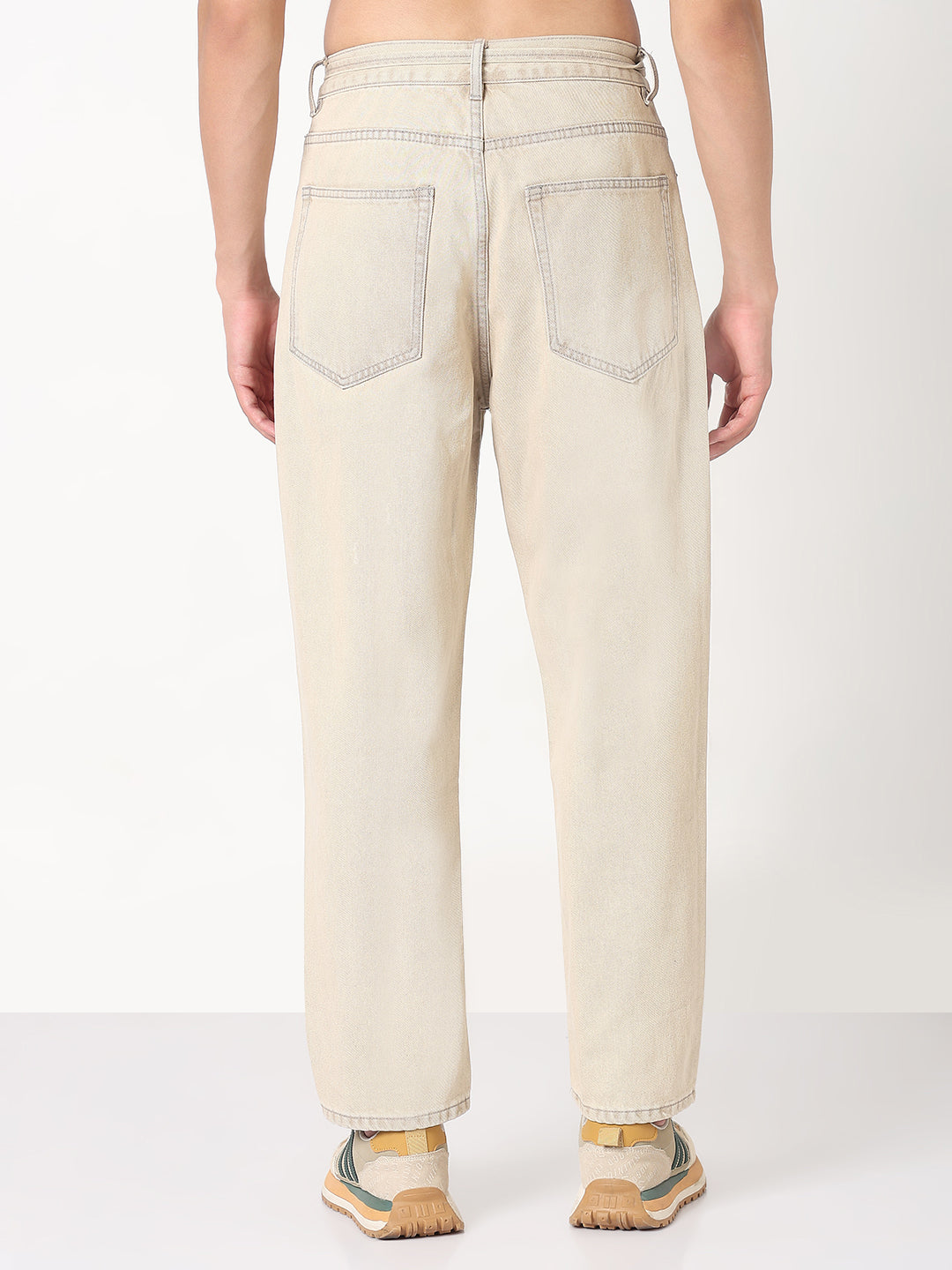 Men's Beige Straight Fit Jeans with Drawstrings