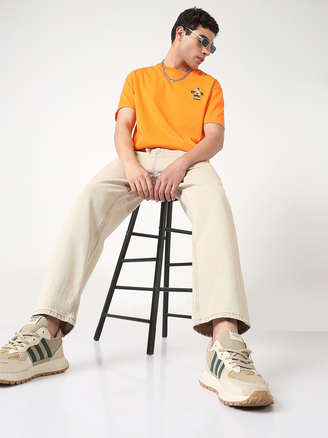 Men's Beige Straight Fit Jeans with Drawstrings