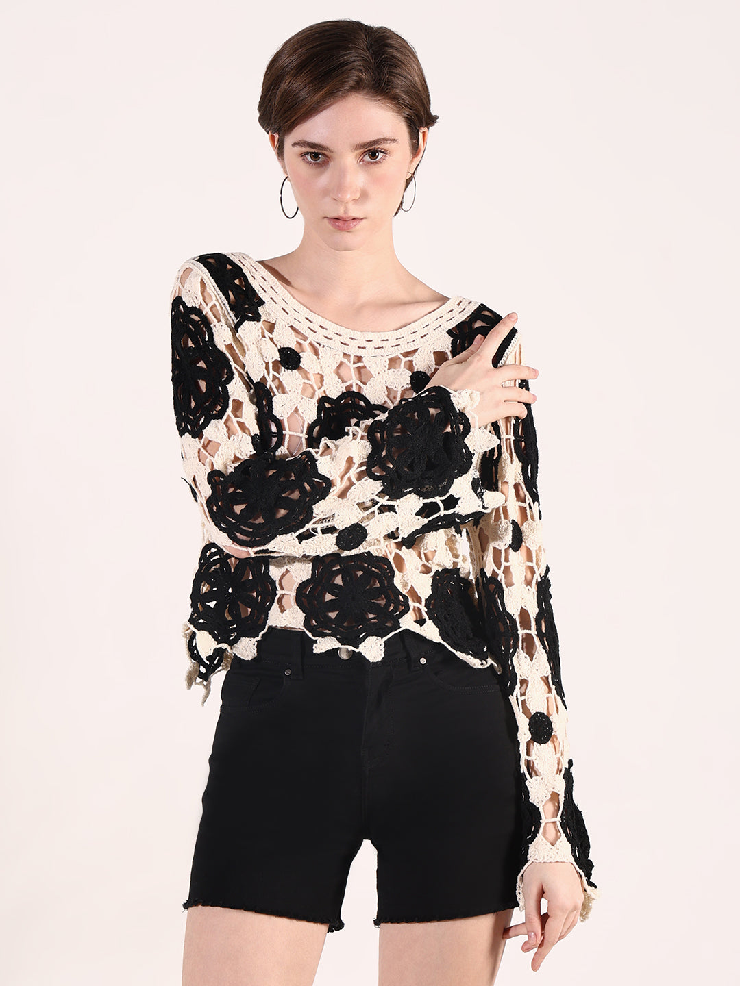 Women Black Floral Crochet Top