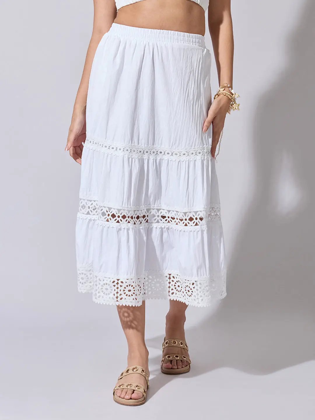 Women's Tiered White Lace Insert Midi Skirt