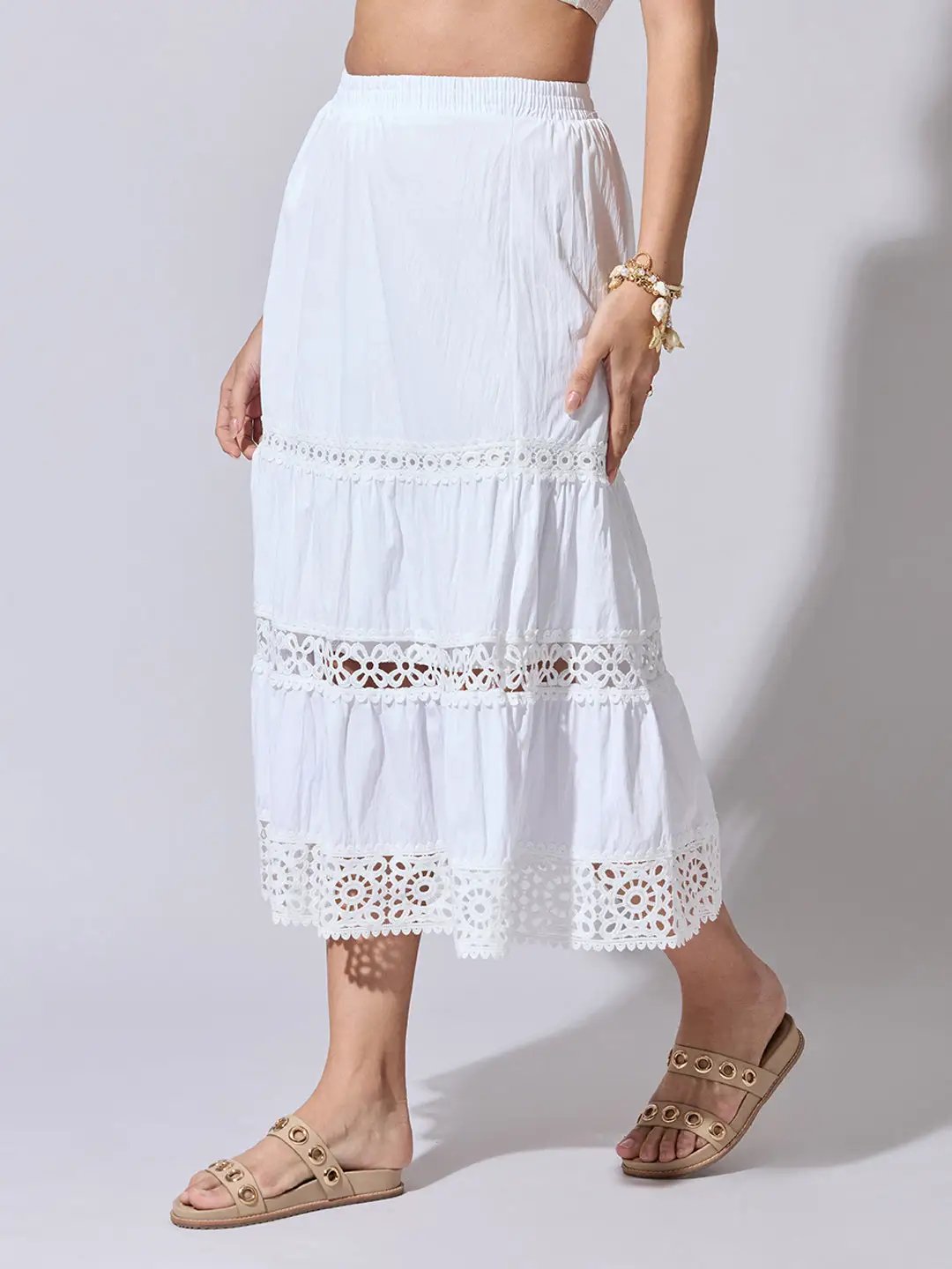Women's Tiered White Lace Insert Midi Skirt