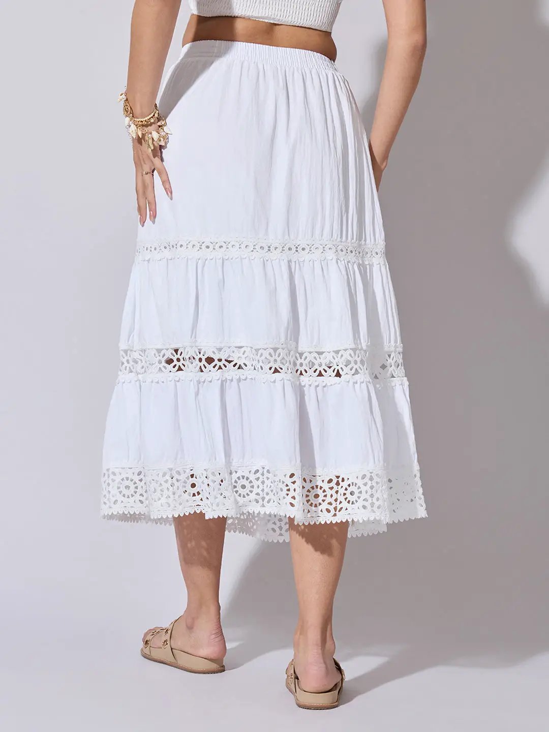 Women's Tiered White Lace Insert Midi Skirt