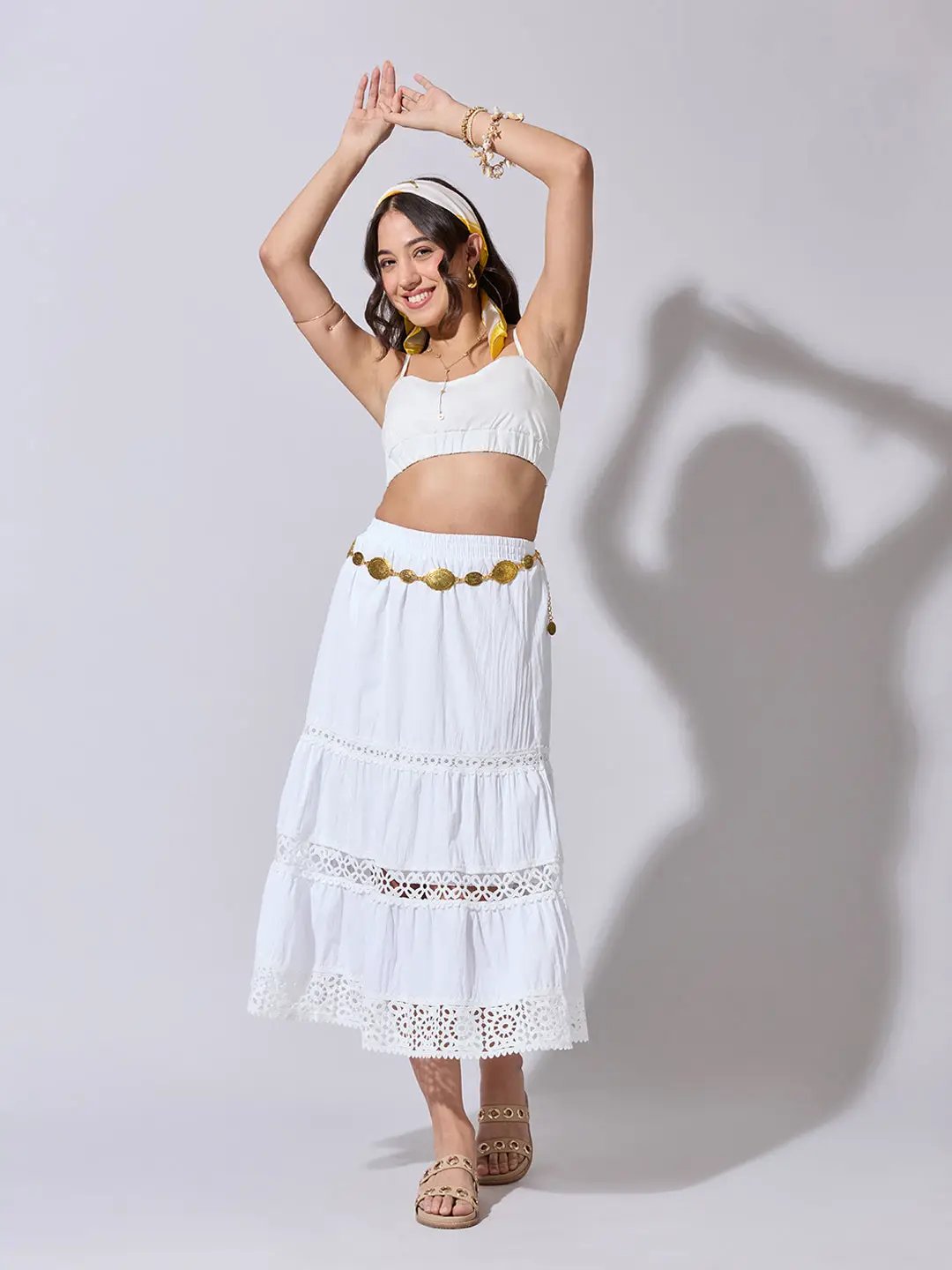 Women's Tiered White Lace Insert Midi Skirt
