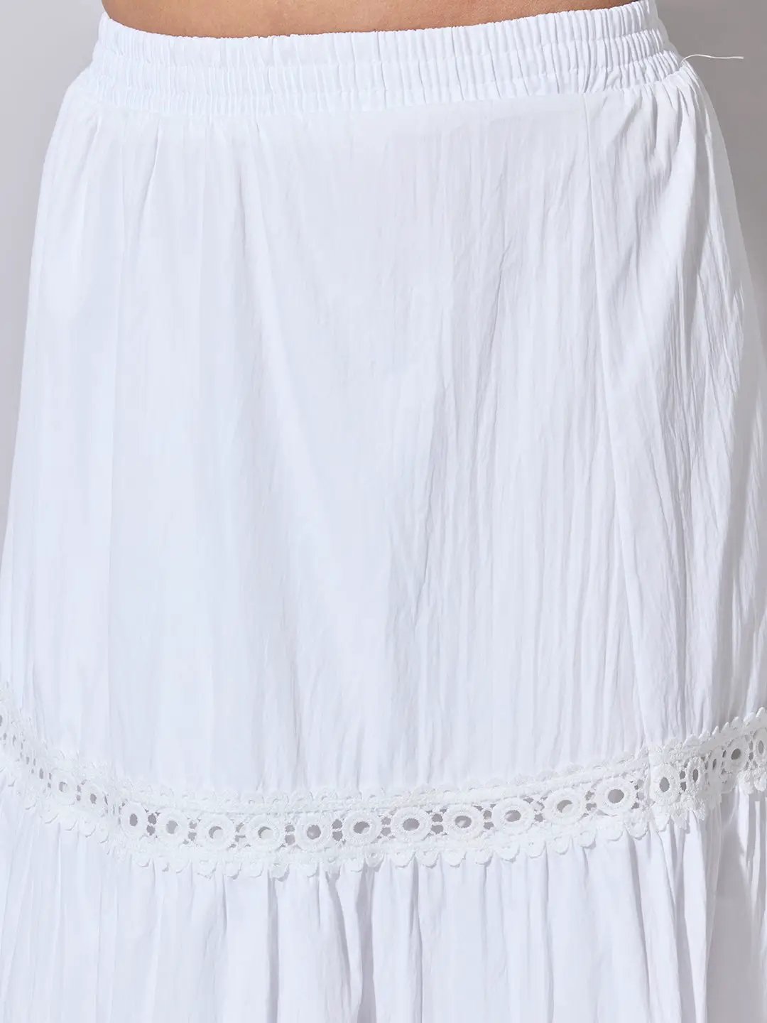 Women's Tiered White Lace Insert Midi Skirt