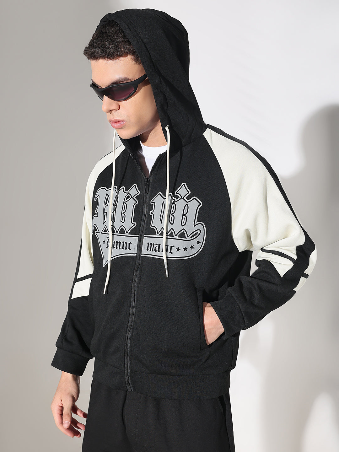 Men's Typography Black Grey Graphic Slim Fit Zip Up Hoodie