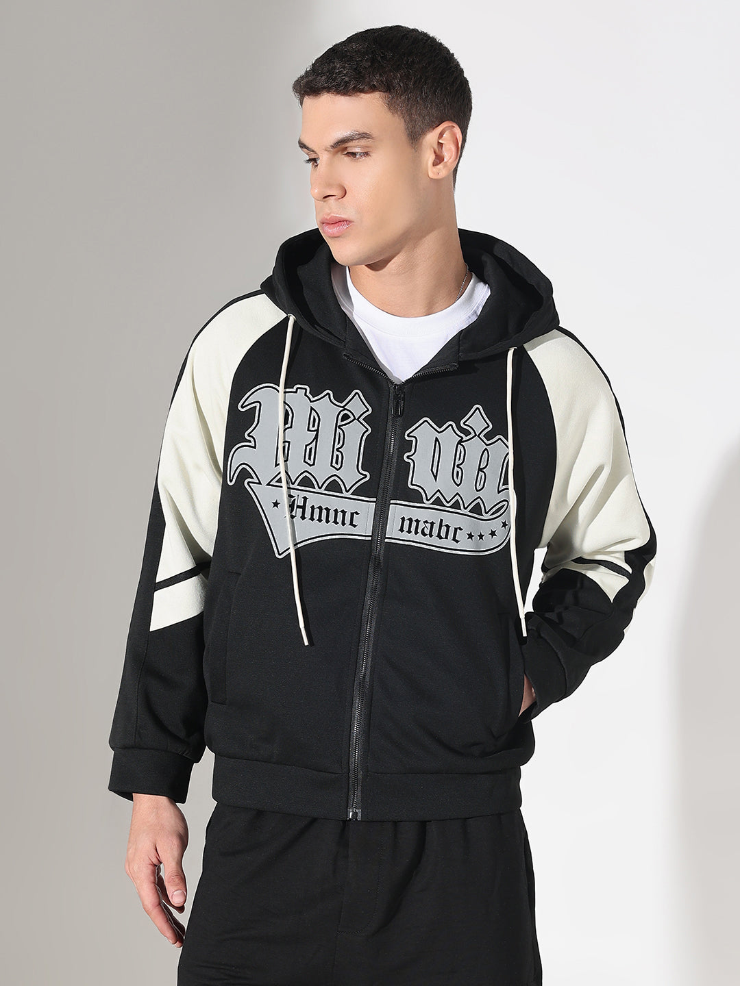 Men's Typography Black Grey Graphic Slim Fit Zip Up Hoodie