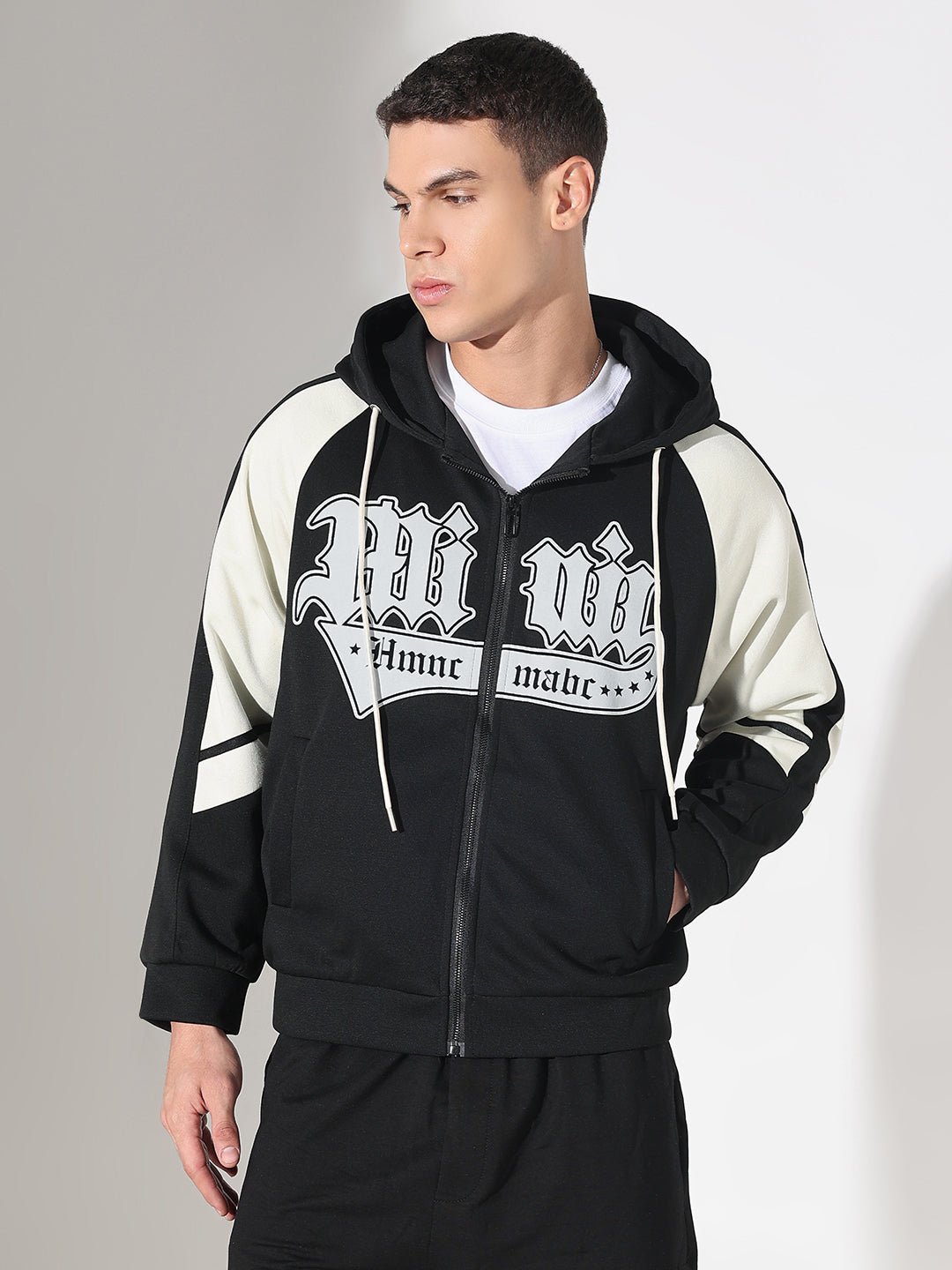 Men's Typography Black Grey Graphic Slim Fit Zip Up Hoodie