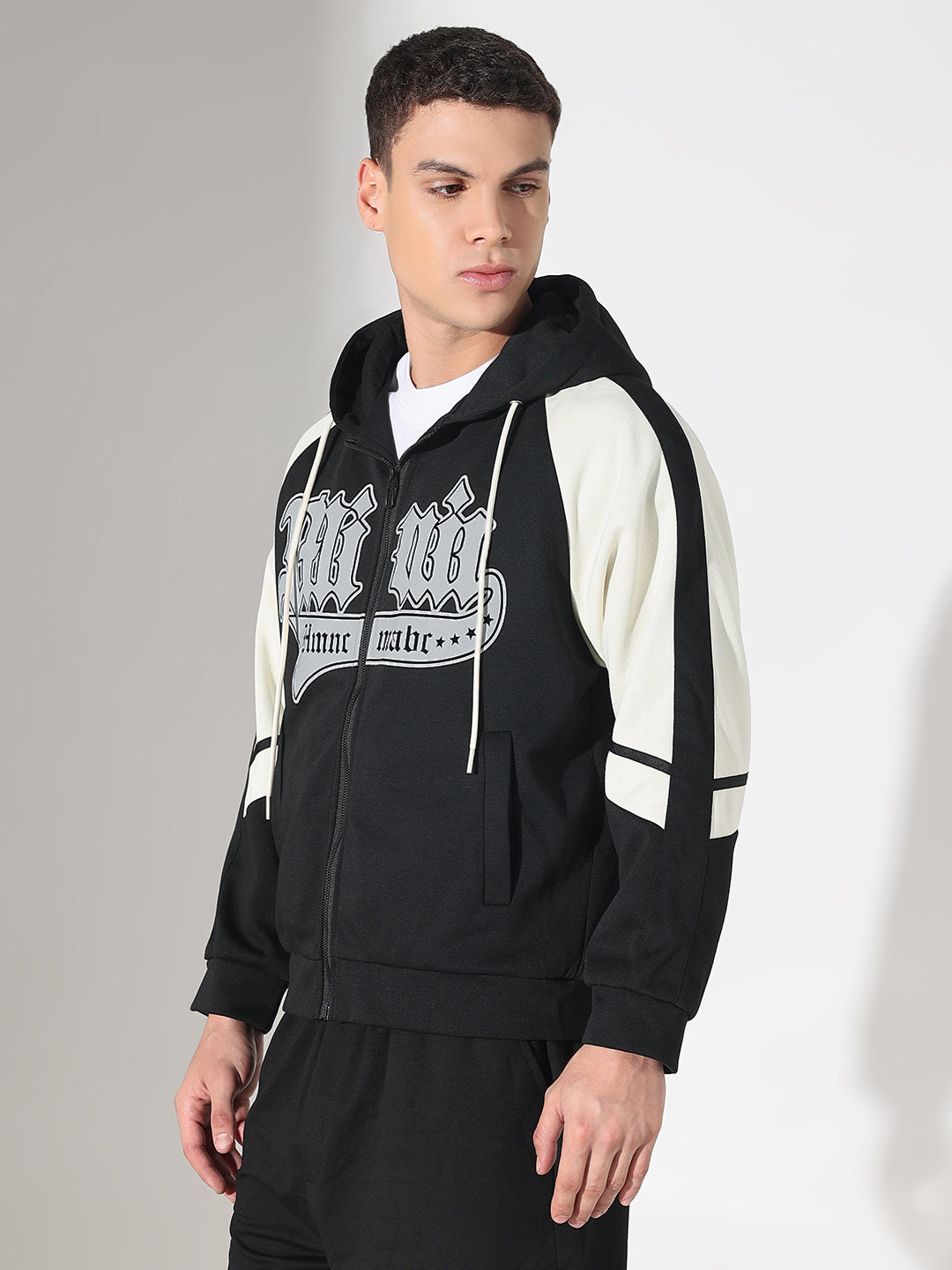 Men's Typography Black Grey Graphic Slim Fit Zip Up Hoodie