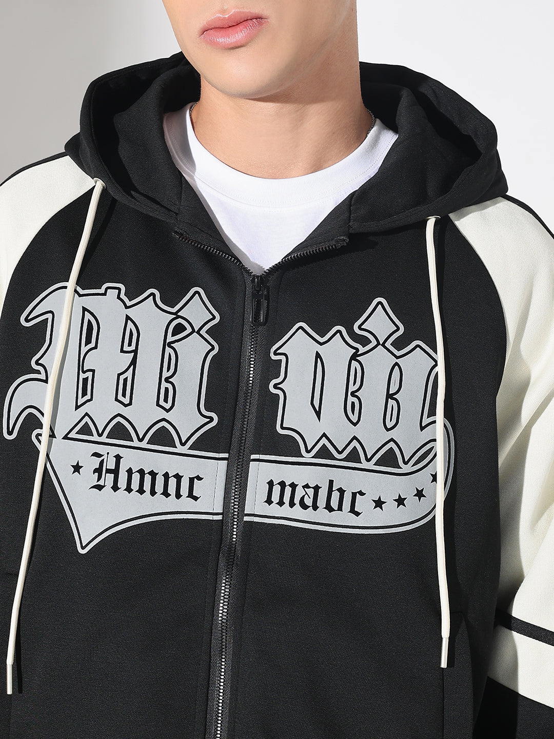 Men's Typography Black Grey Graphic Slim Fit Zip Up Hoodie