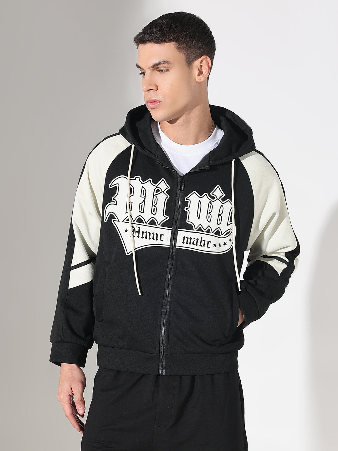 Men's Typography Black Graphic Slim Fit Zip Up Hoodie