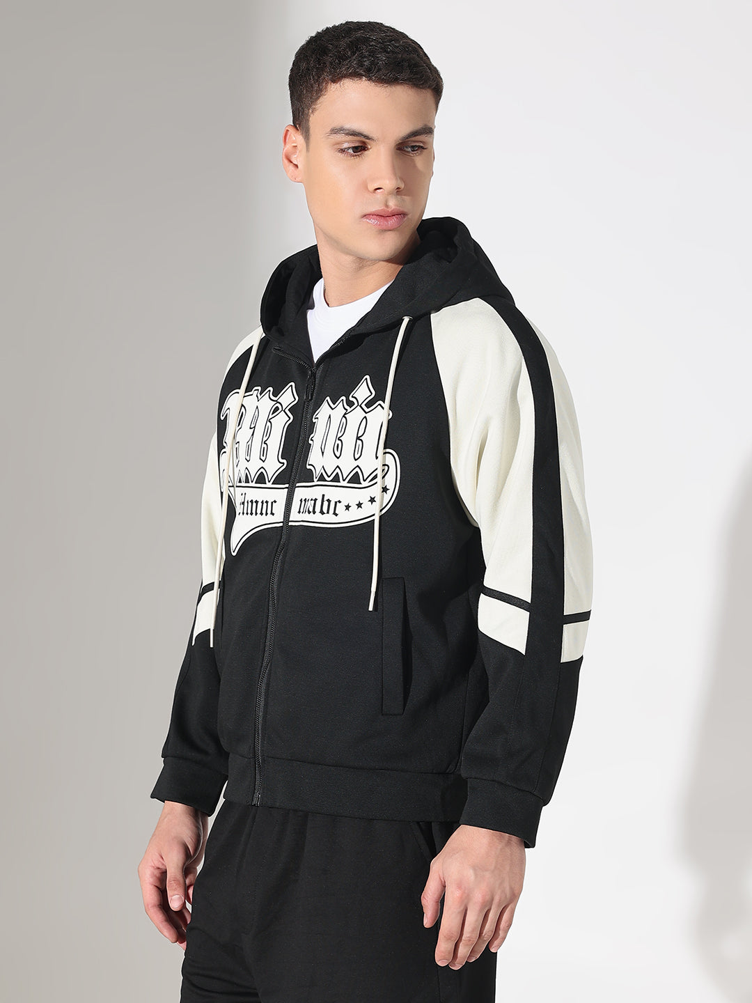 Men's Typography Black Graphic Slim Fit Zip Up Hoodie