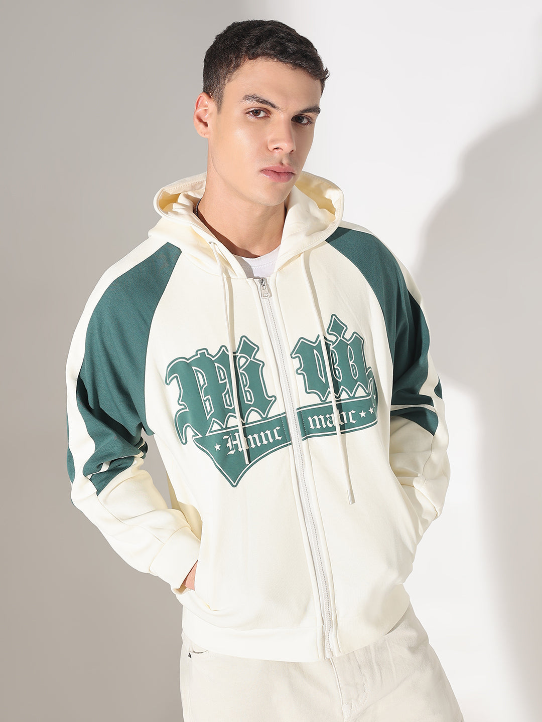 Men's Typography Cream Graphic Slim Fit Zip Up Hoodie