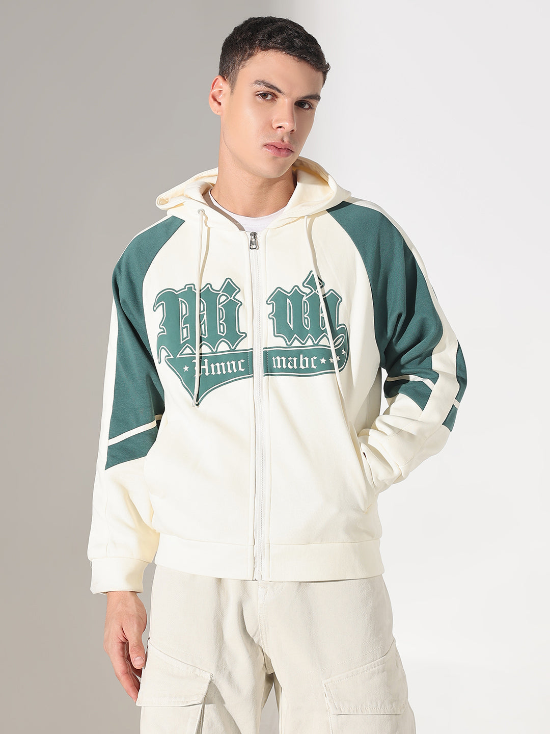 Men's Typography Cream Graphic Slim Fit Zip Up Hoodie