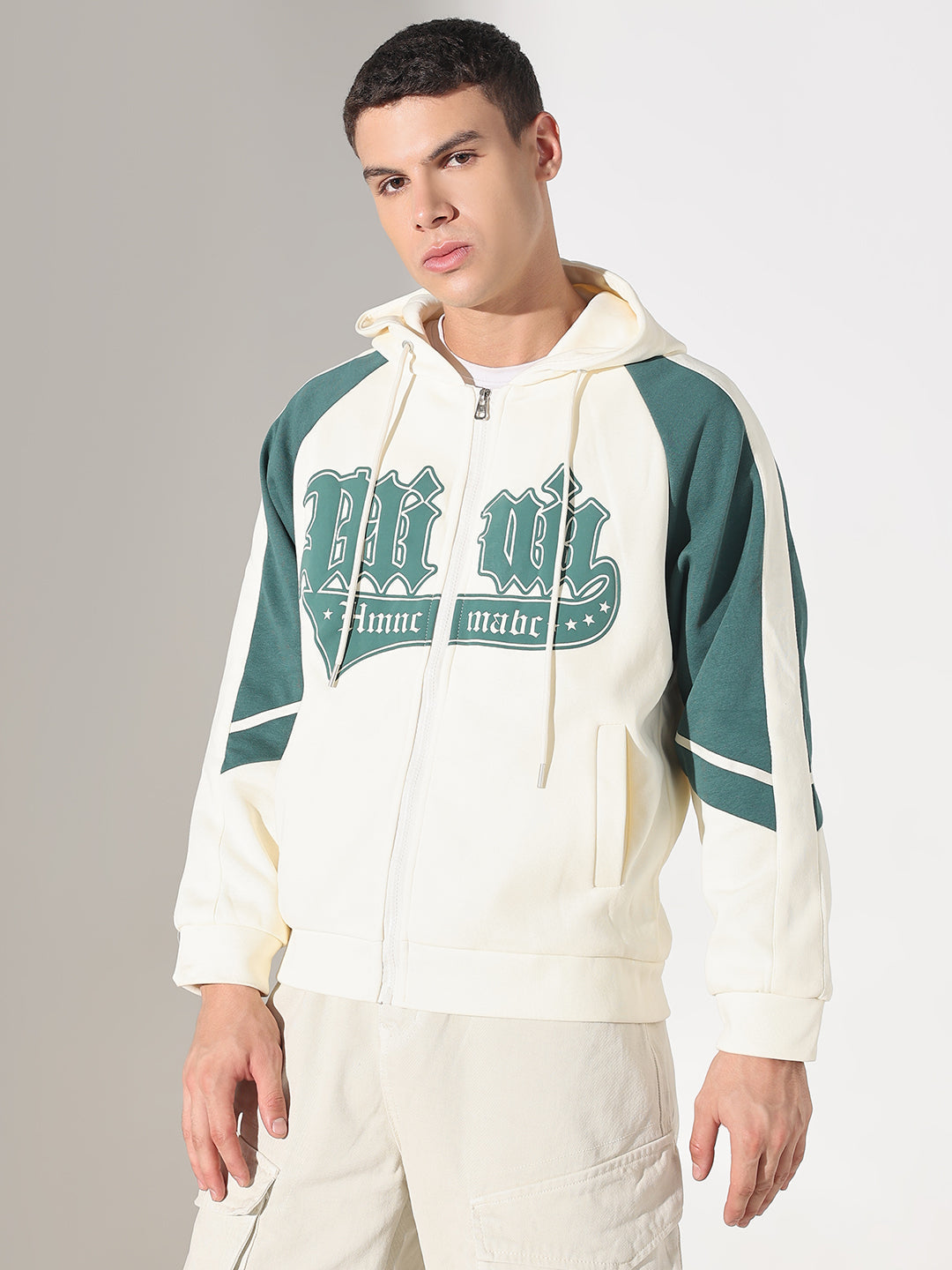 Men's Typography Cream Graphic Slim Fit Zip Up Hoodie