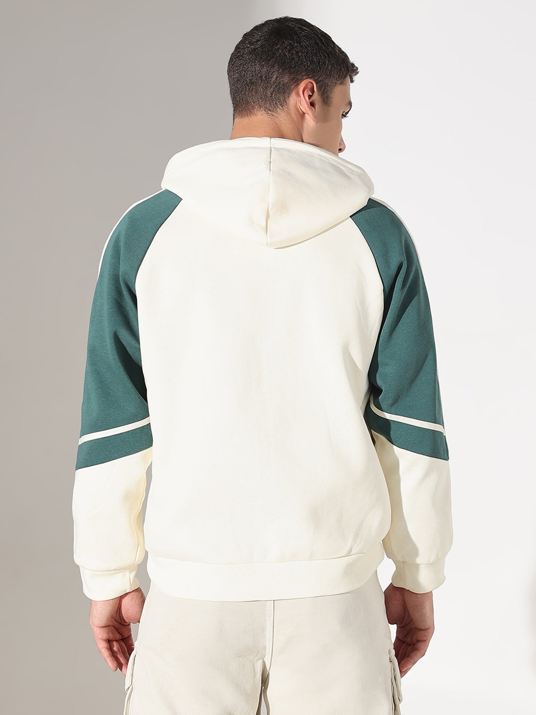 Men's Typography Cream Graphic Slim Fit Zip Up Hoodie