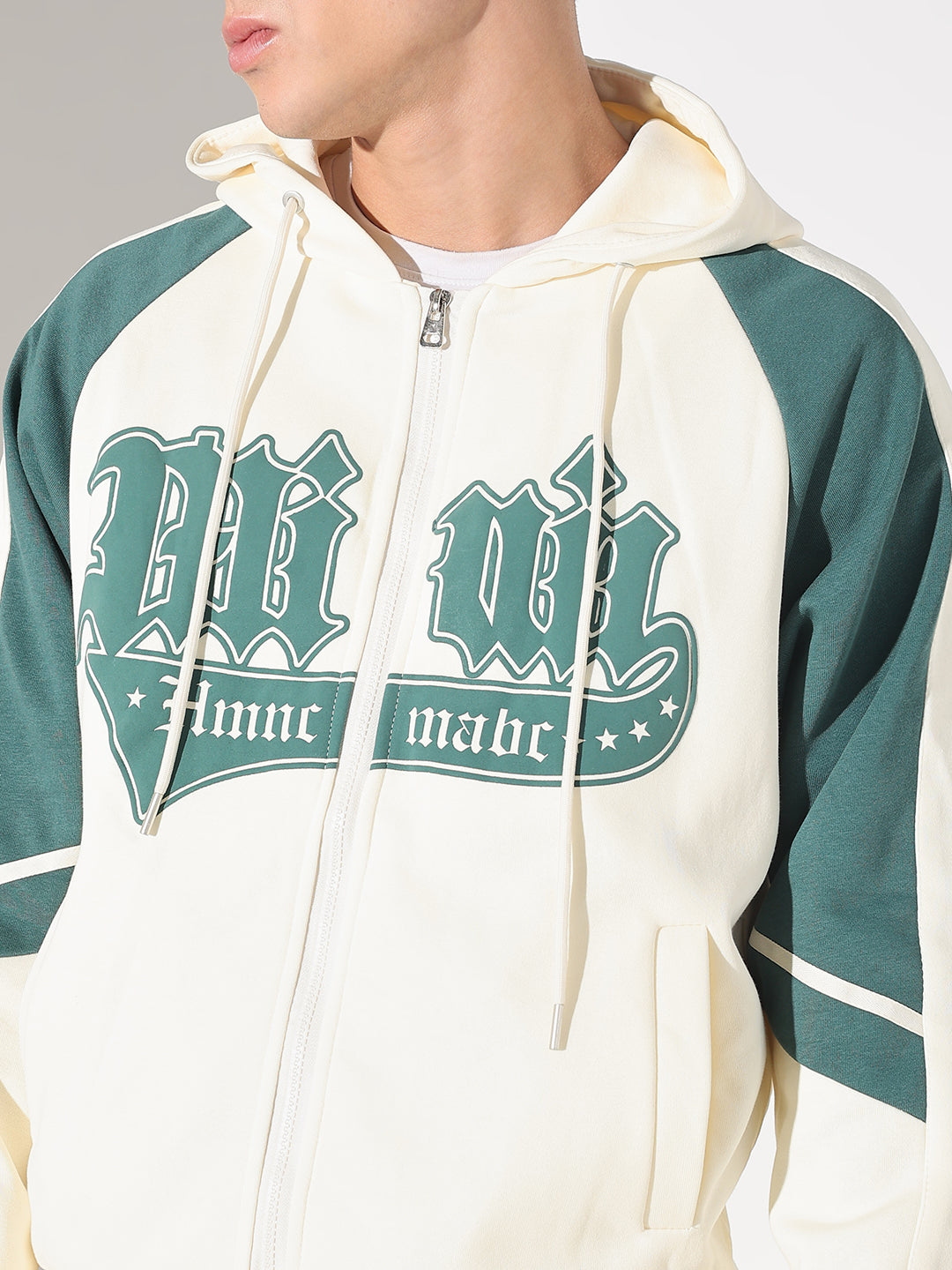 Men's Typography Cream Graphic Slim Fit Zip Up Hoodie