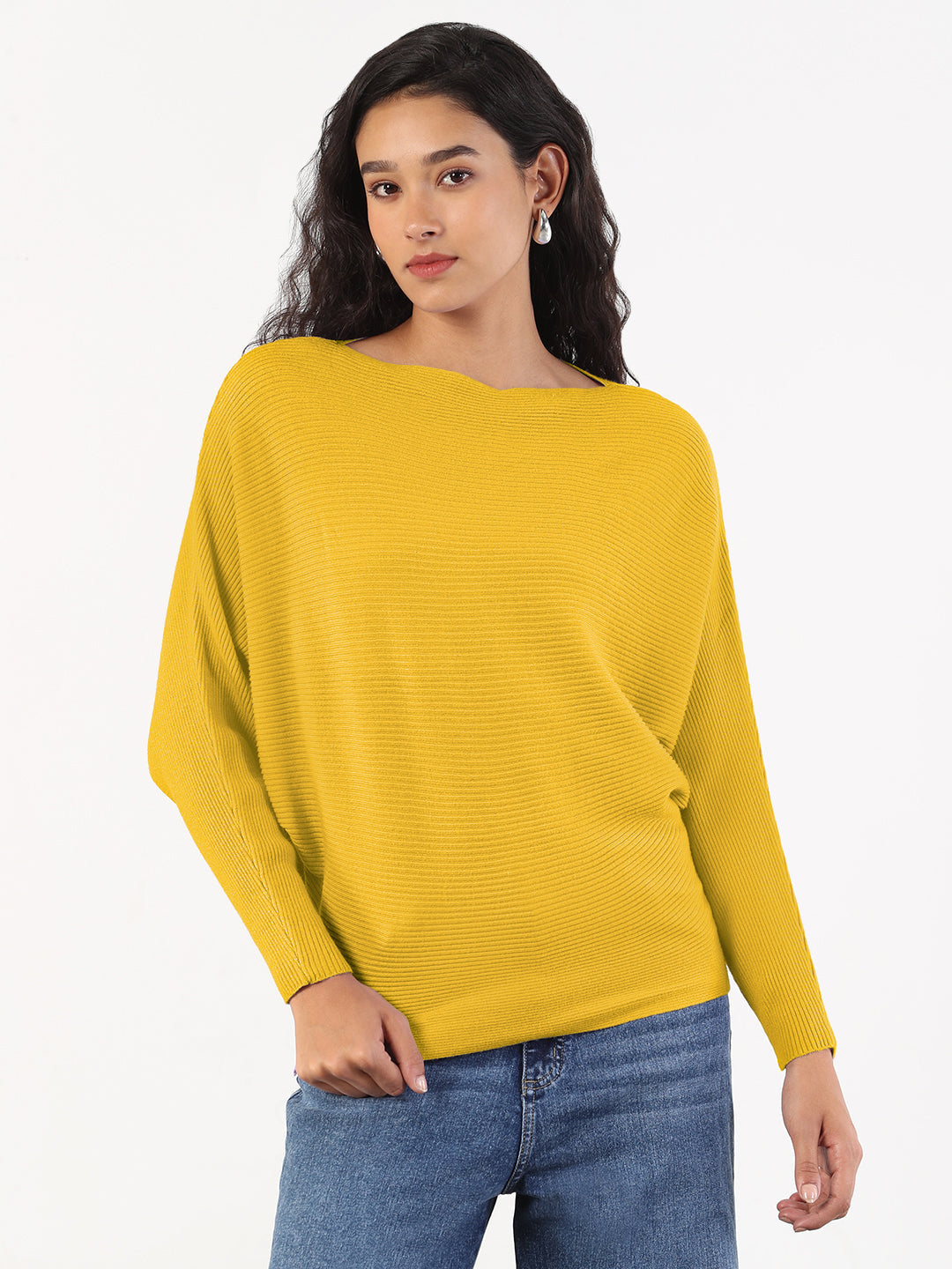 Women's Yellow Ribbed Knit Relaxed Fit Top