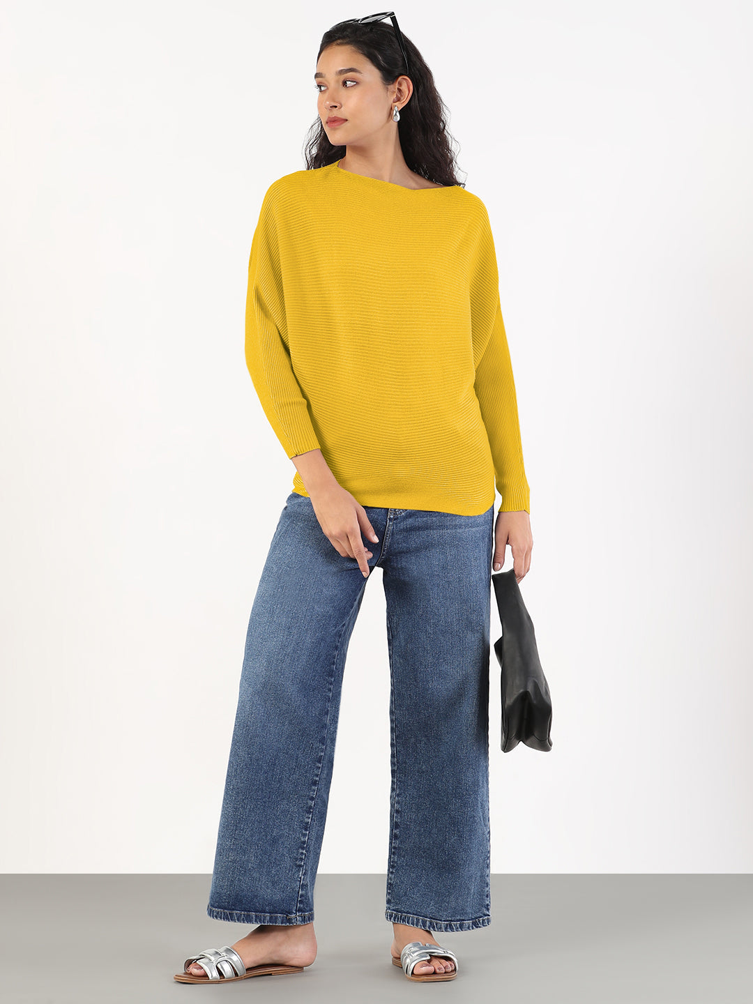 Women's Yellow Ribbed Knit Relaxed Fit Top