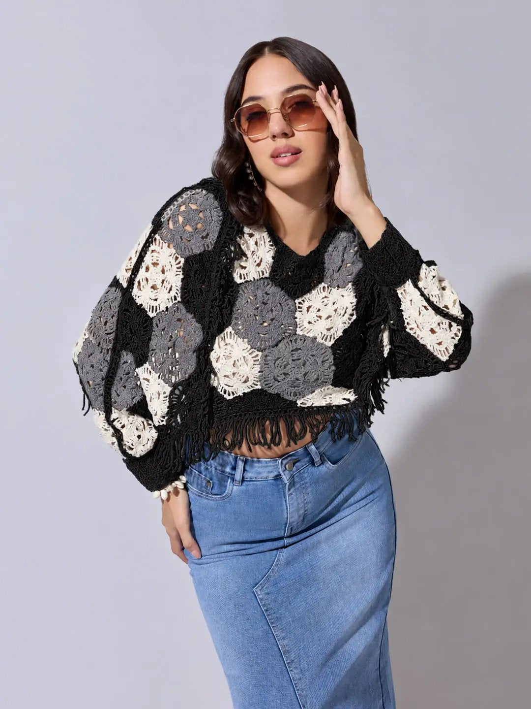 Women's Black Crochet Crop Top with Fringe Hem