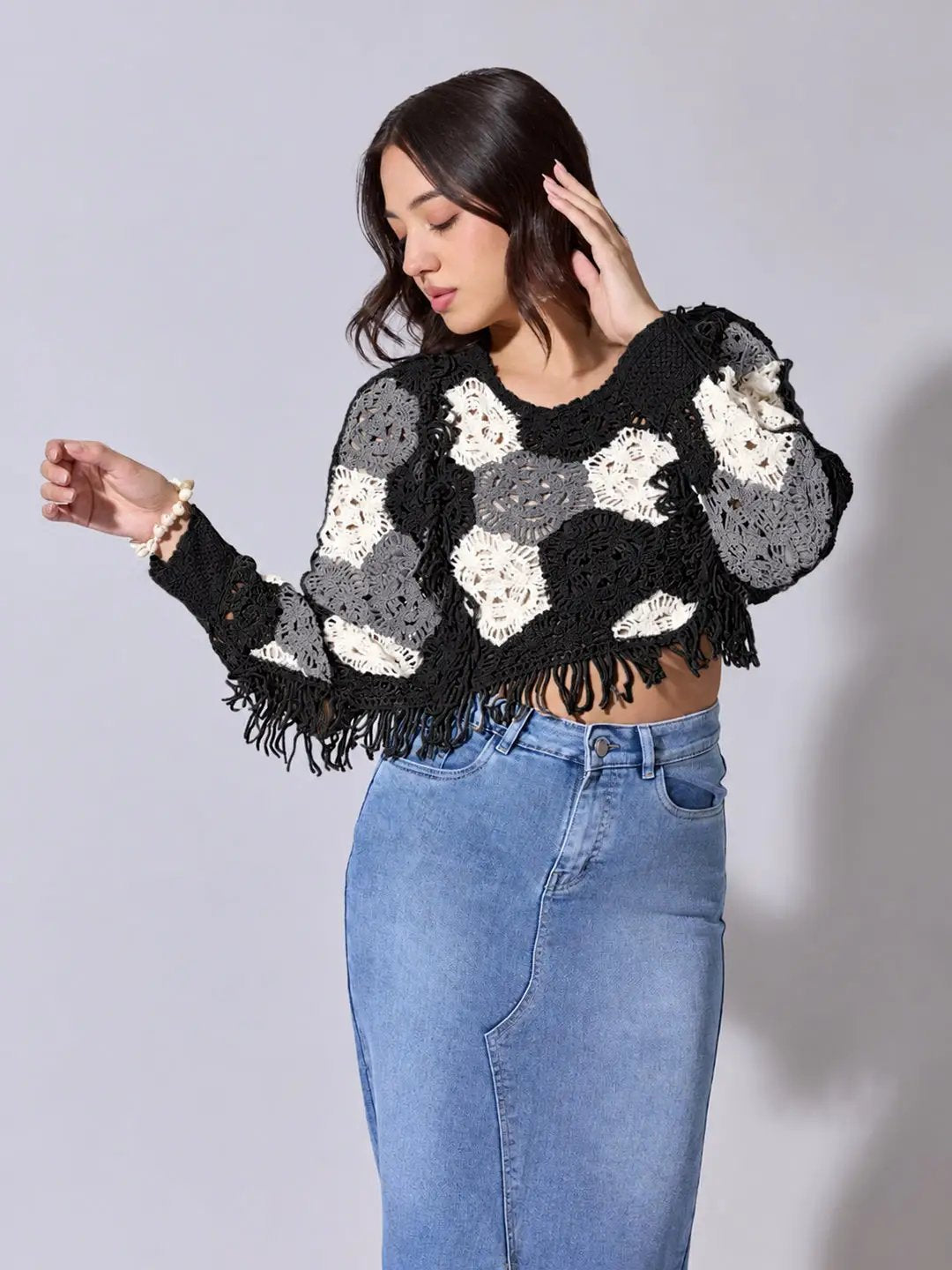 Women's Black Crochet Crop Top with Fringe Hem