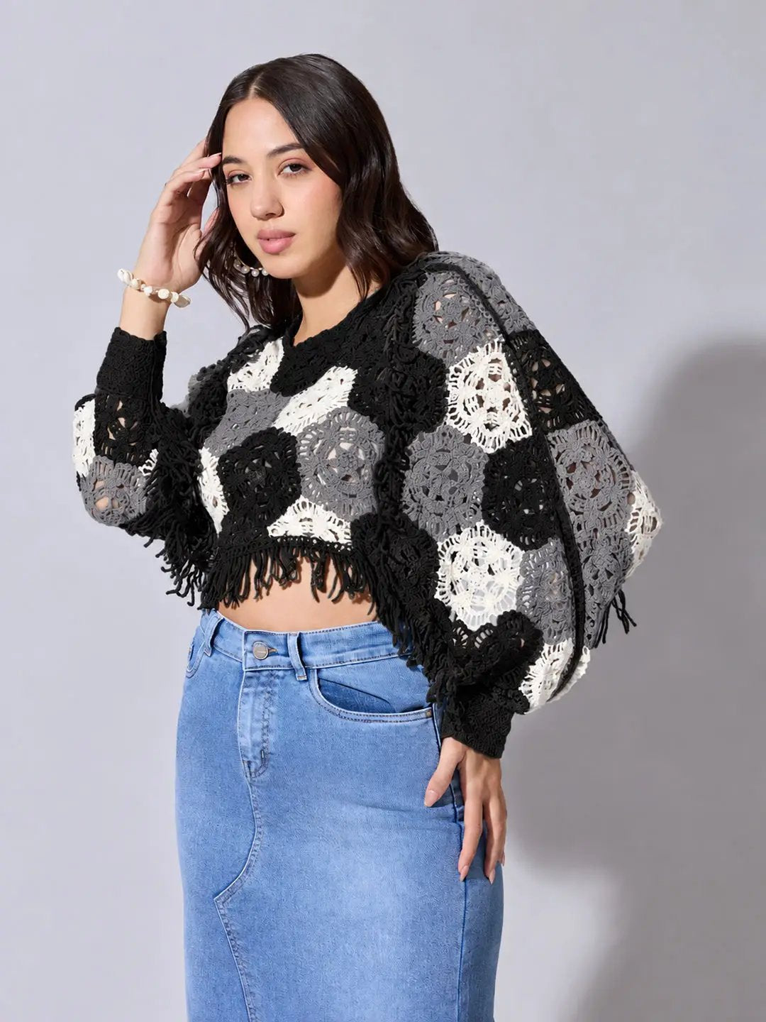 Women's Black Crochet Crop Top with Fringe Hem