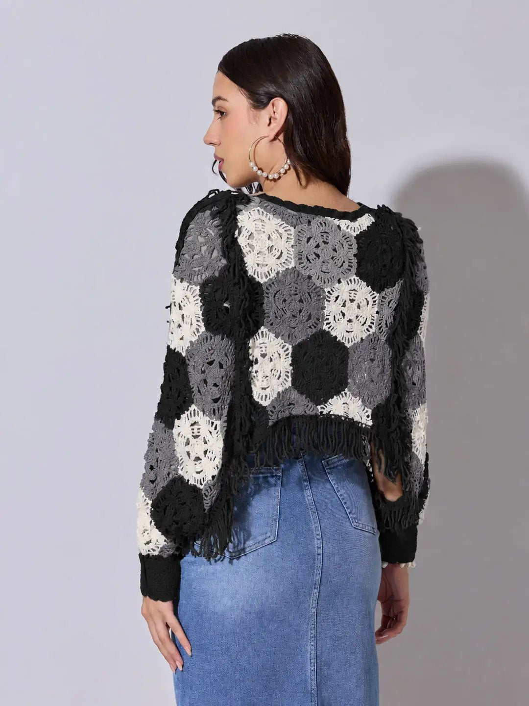 Women's Black Crochet Crop Top with Fringe Hem