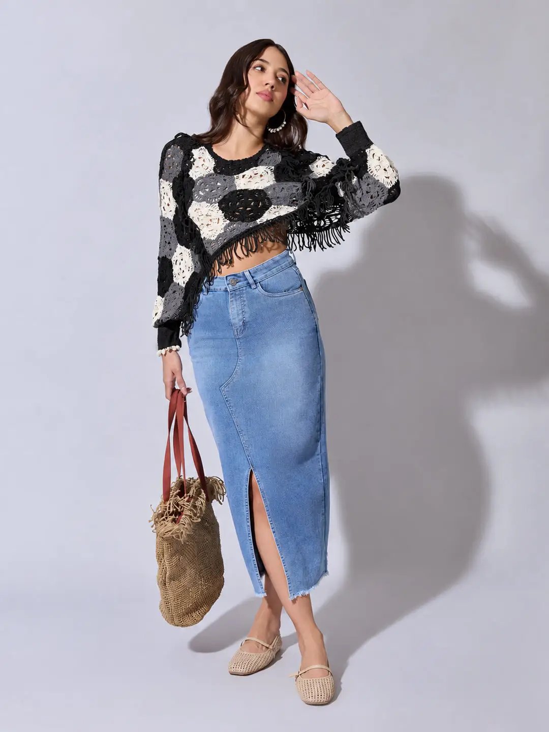 Women's Black Crochet Crop Top with Fringe Hem