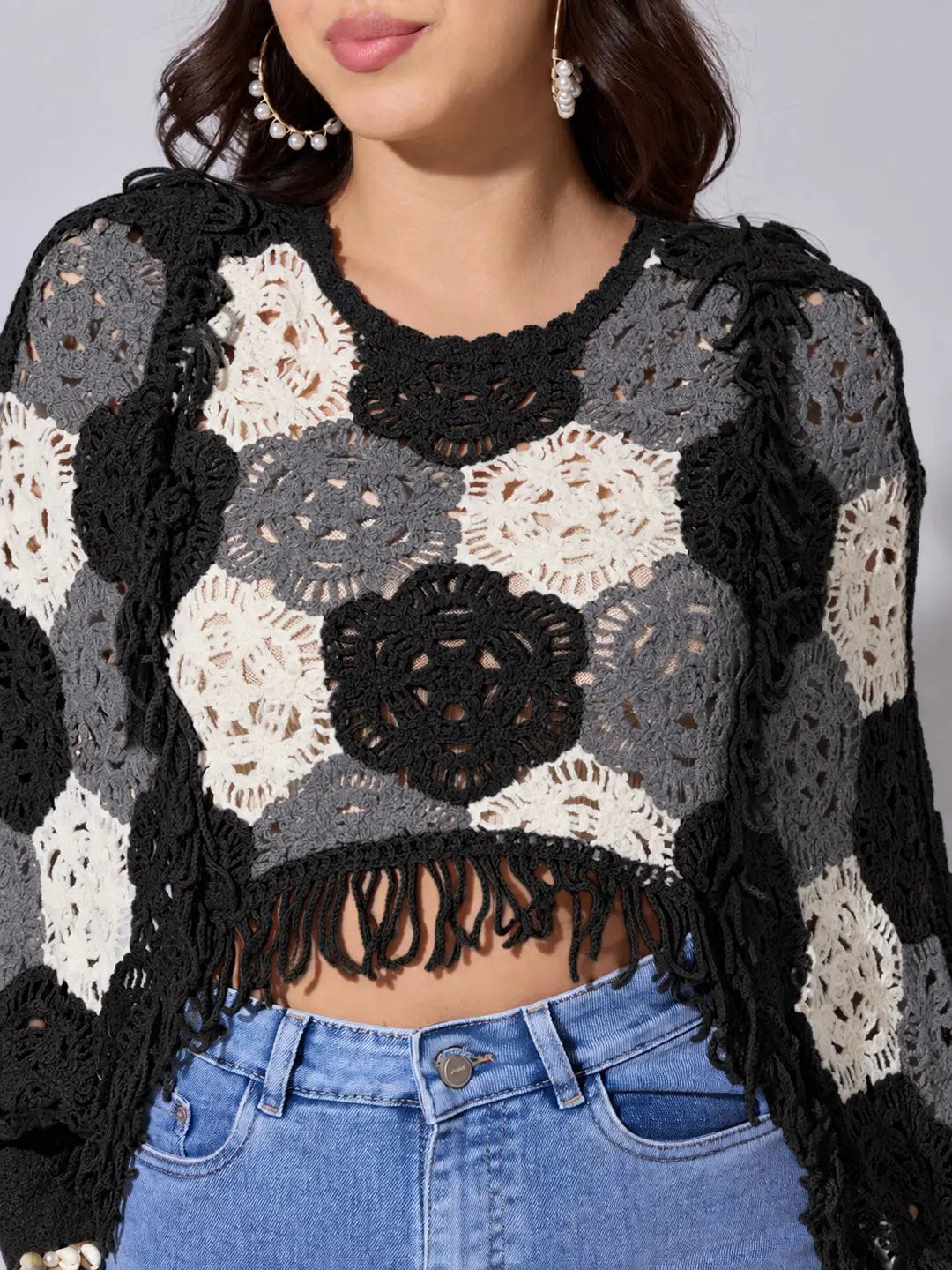 Women's Black Crochet Crop Top with Fringe Hem