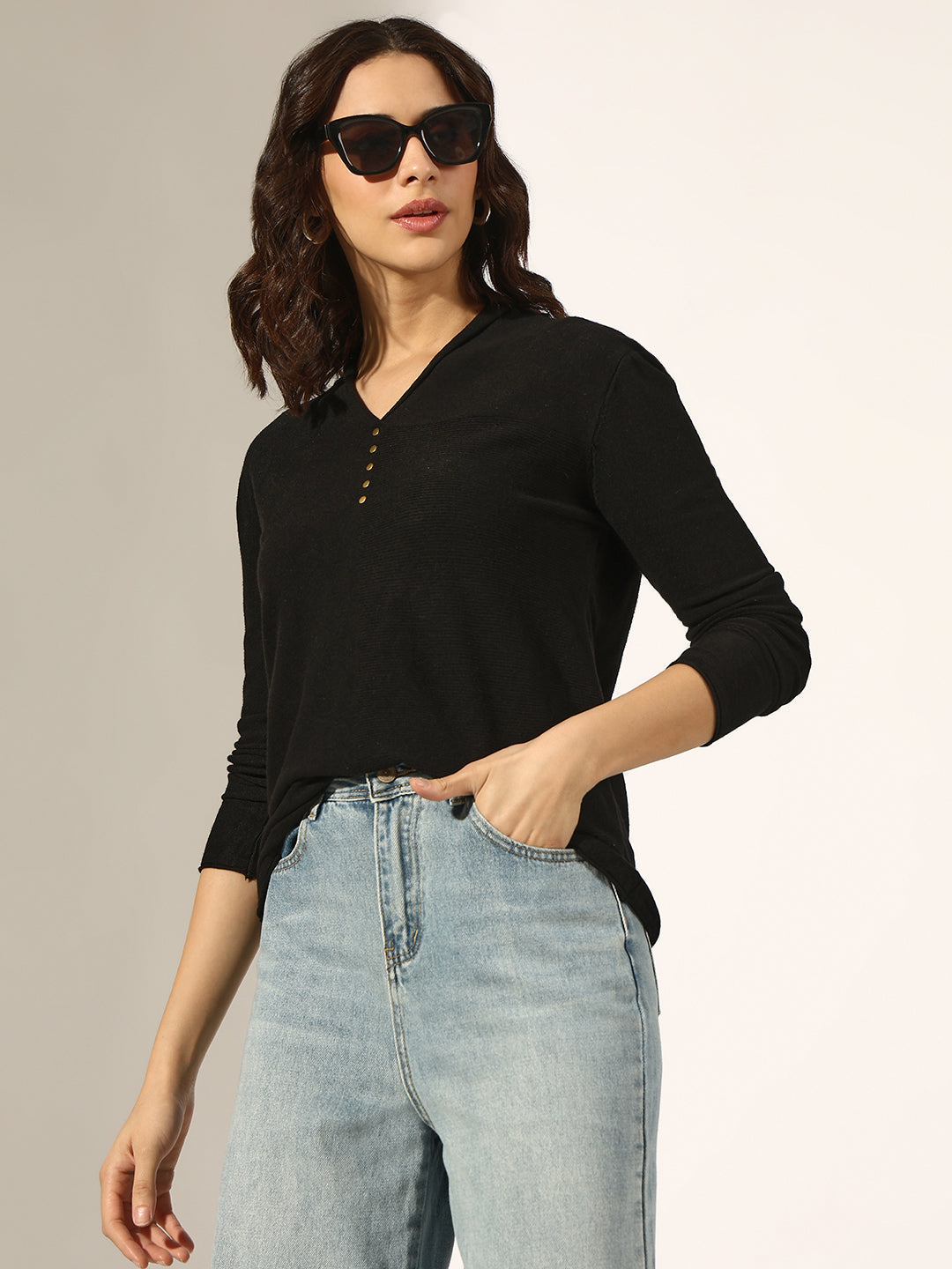 Women's Black V-Neck Long Sleeve Fitted Top with Button Detail