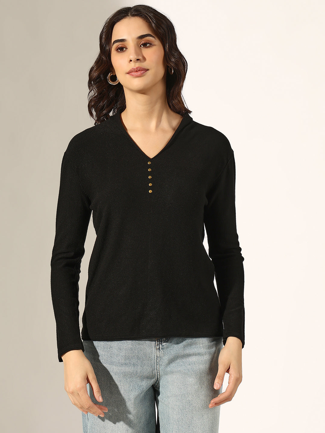 Women's Black V-Neck Long Sleeve Fitted Top with Button Detail
