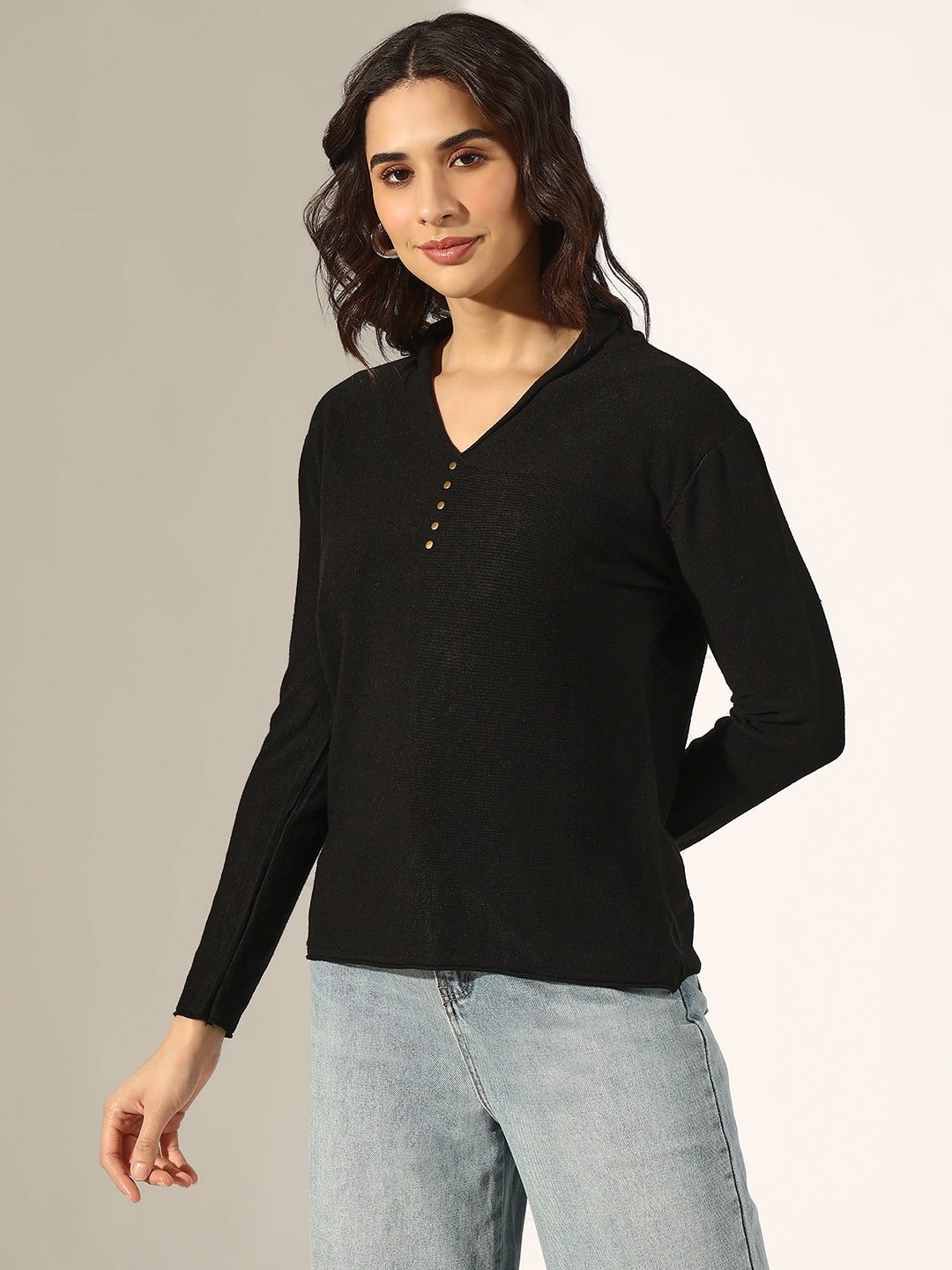 Women's Black V-Neck Long Sleeve Fitted Top with Button Detail