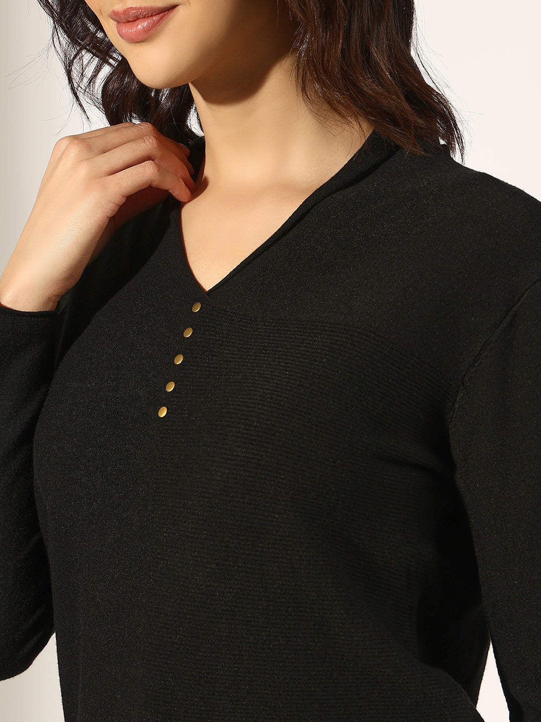 Women's Black V-Neck Long Sleeve Fitted Top with Button Detail