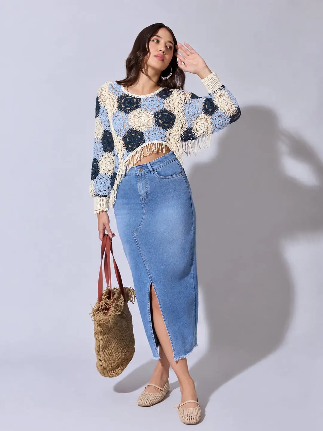 Women's Blue Crochet Crop Top with Fringe Hem