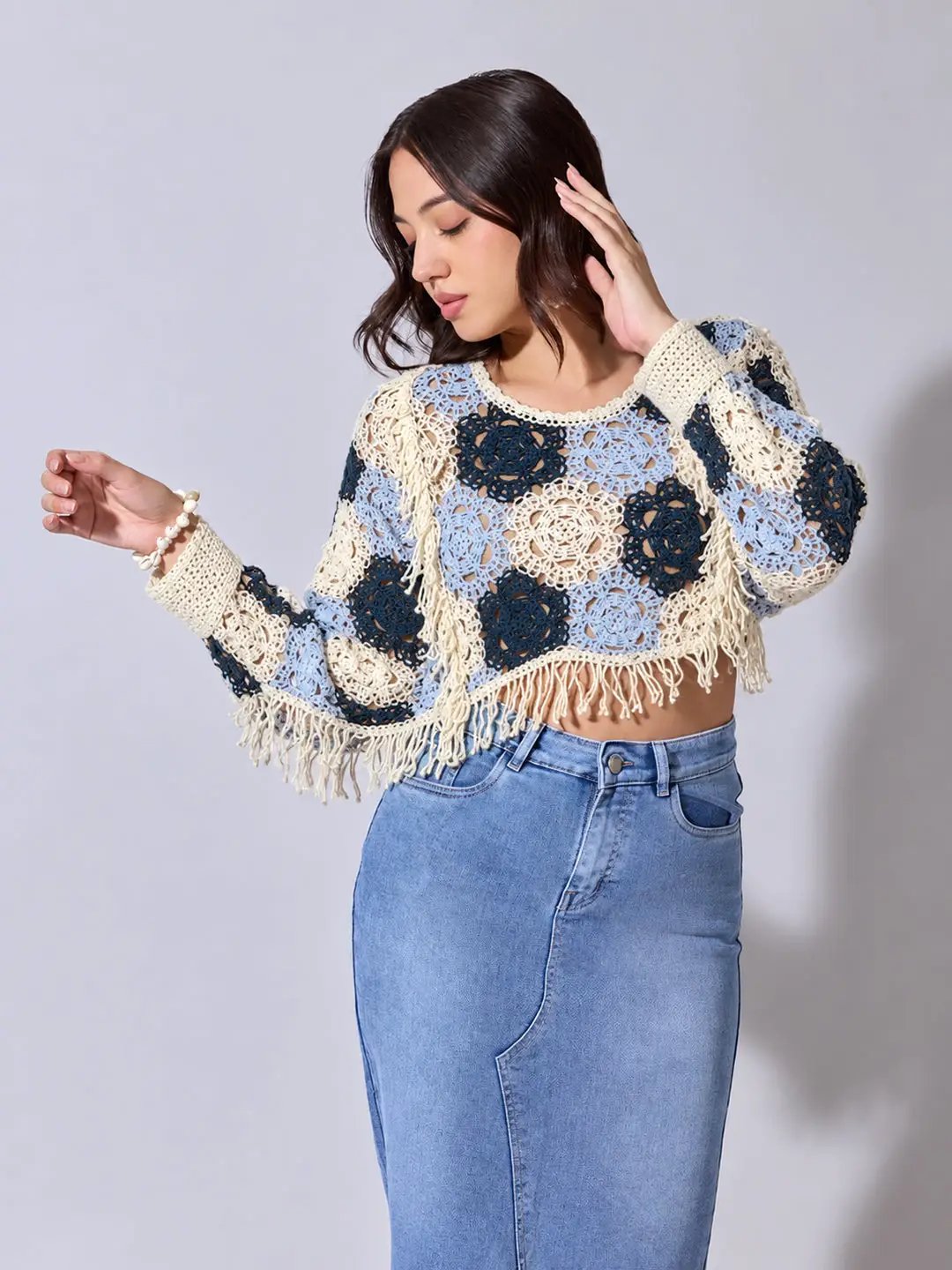 Women's Blue Crochet Crop Top with Fringe Hem