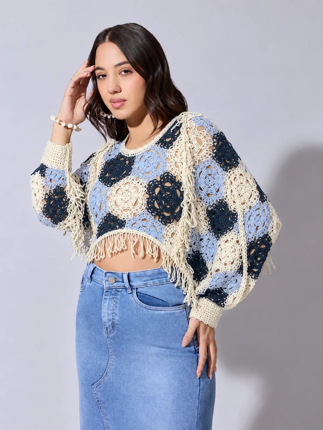 Women's Blue Crochet Crop Top with Fringe Hem