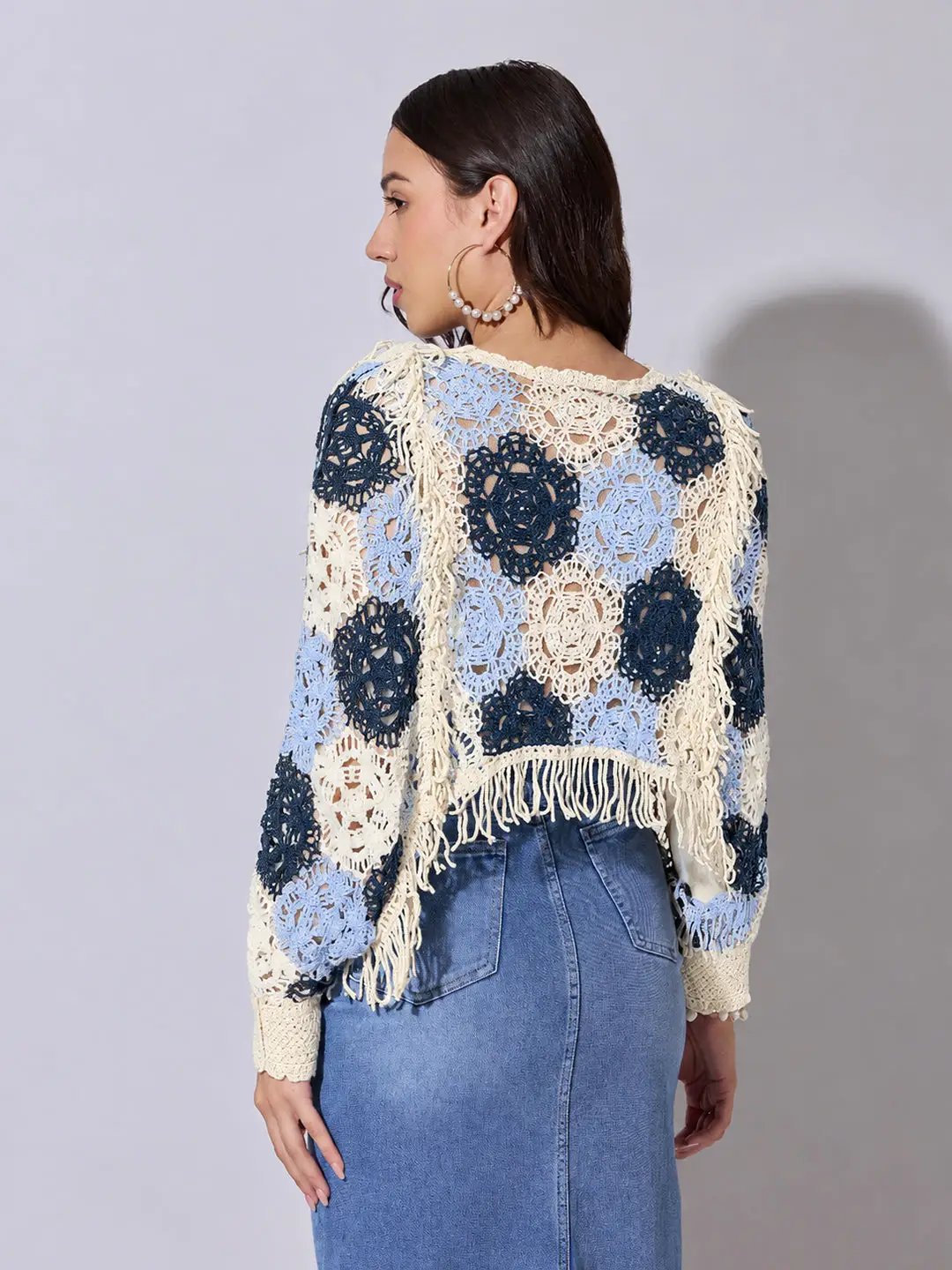 Women's Blue Crochet Crop Top with Fringe Hem