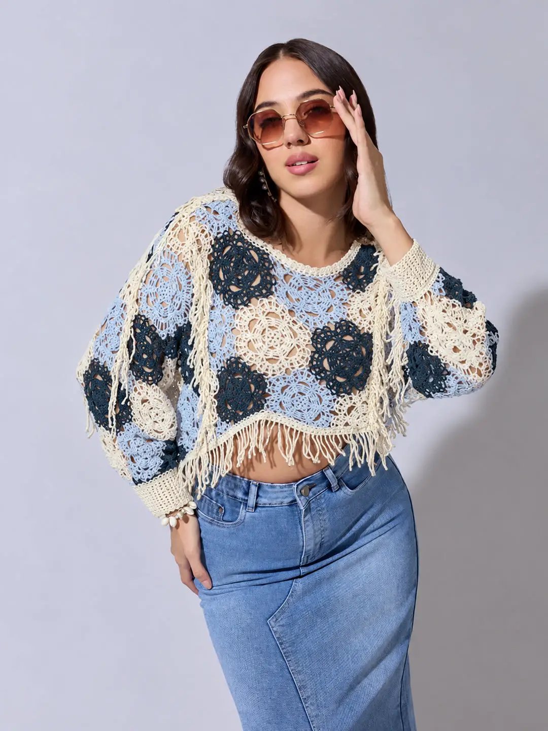 Women's Blue Crochet Crop Top with Fringe Hem