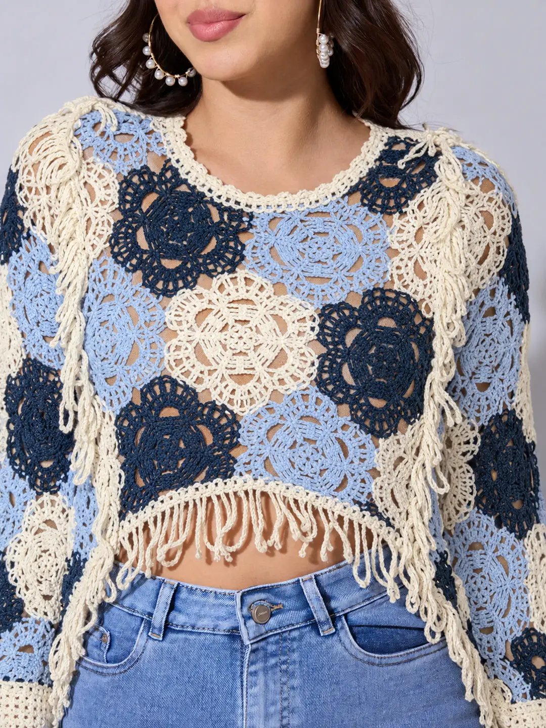Women's Blue Crochet Crop Top with Fringe Hem