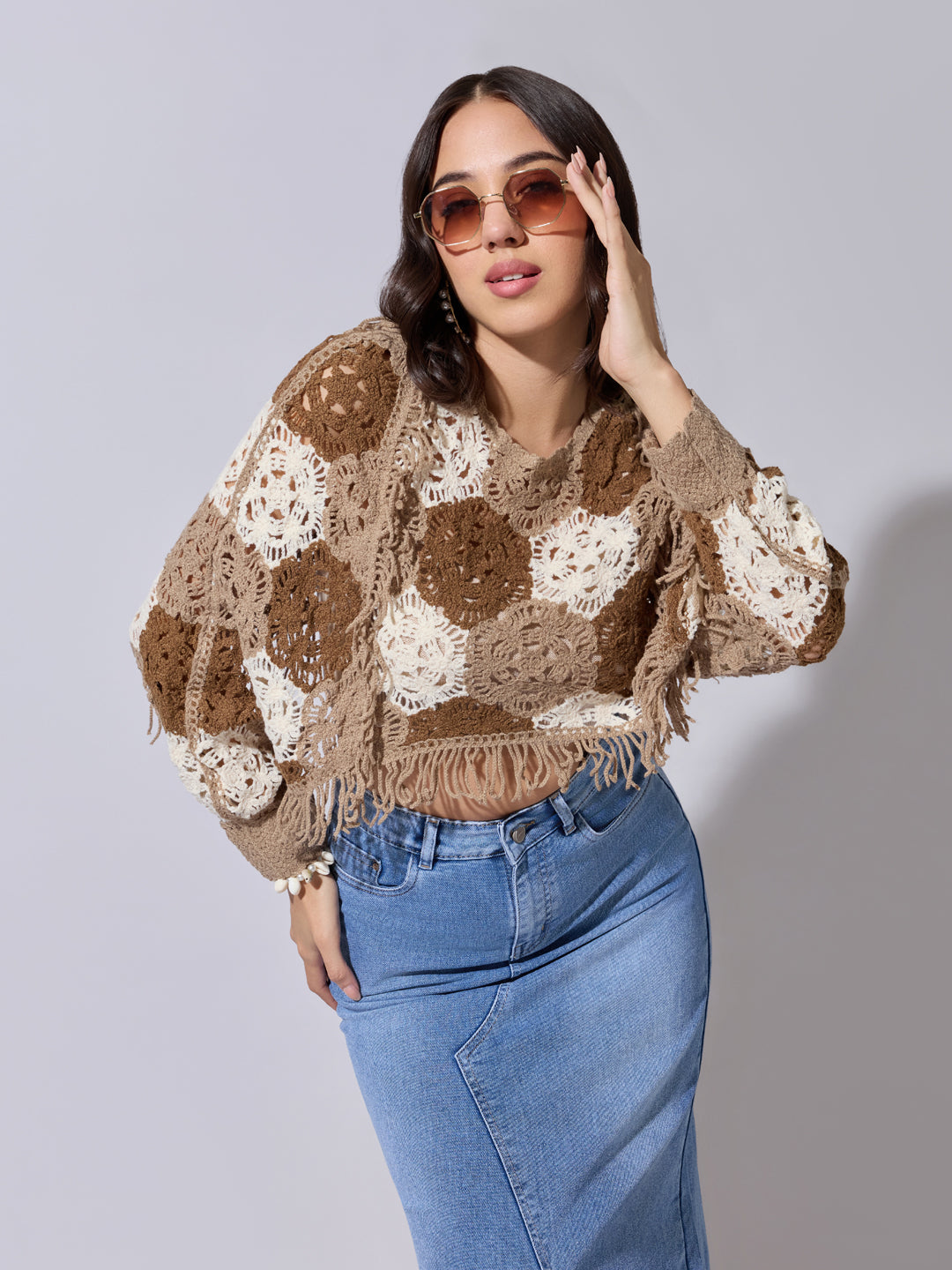 Women's Brown Crochet Crop Top with Fringe Hem