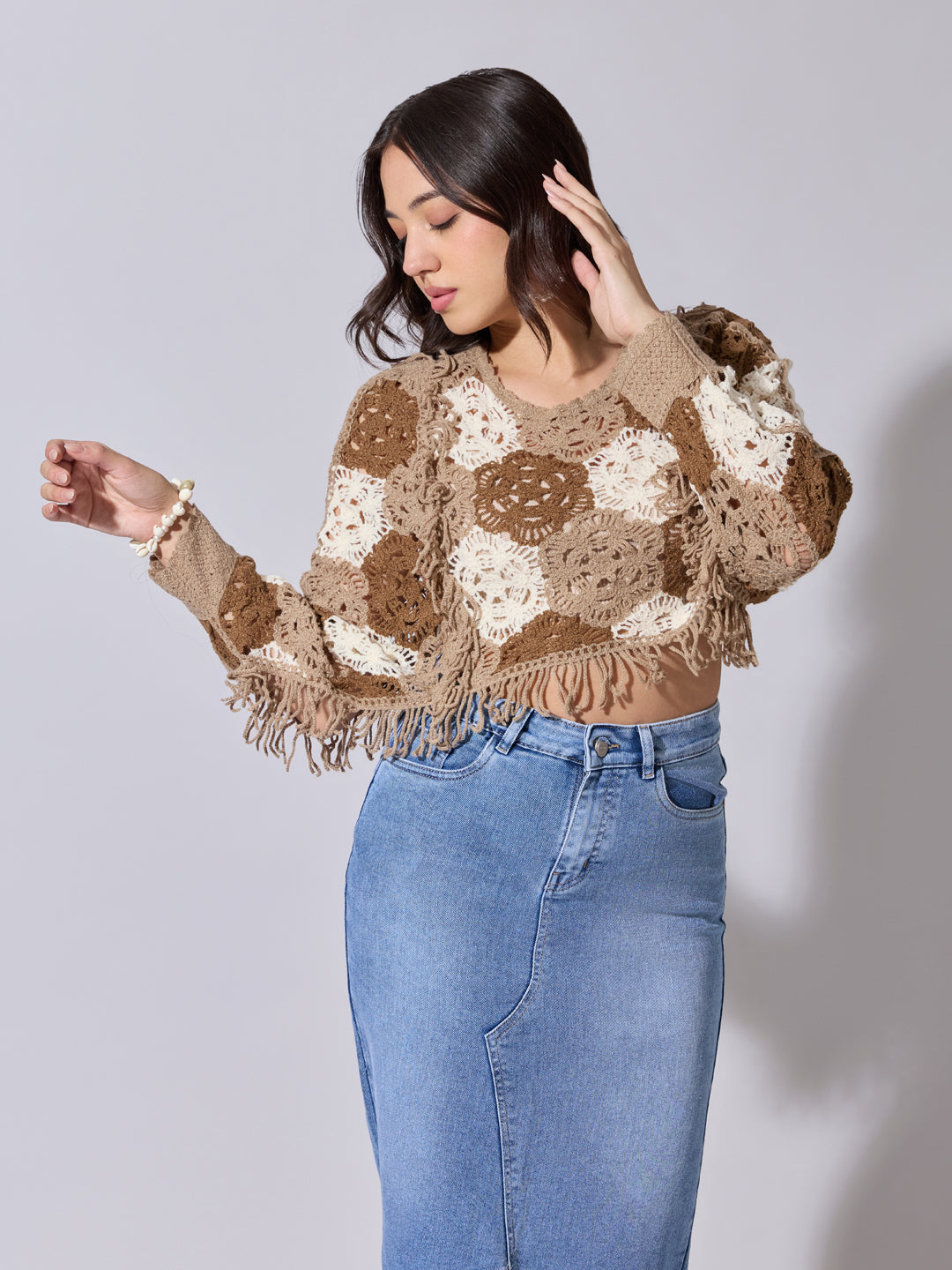 Women's Brown Crochet Crop Top with Fringe Hem