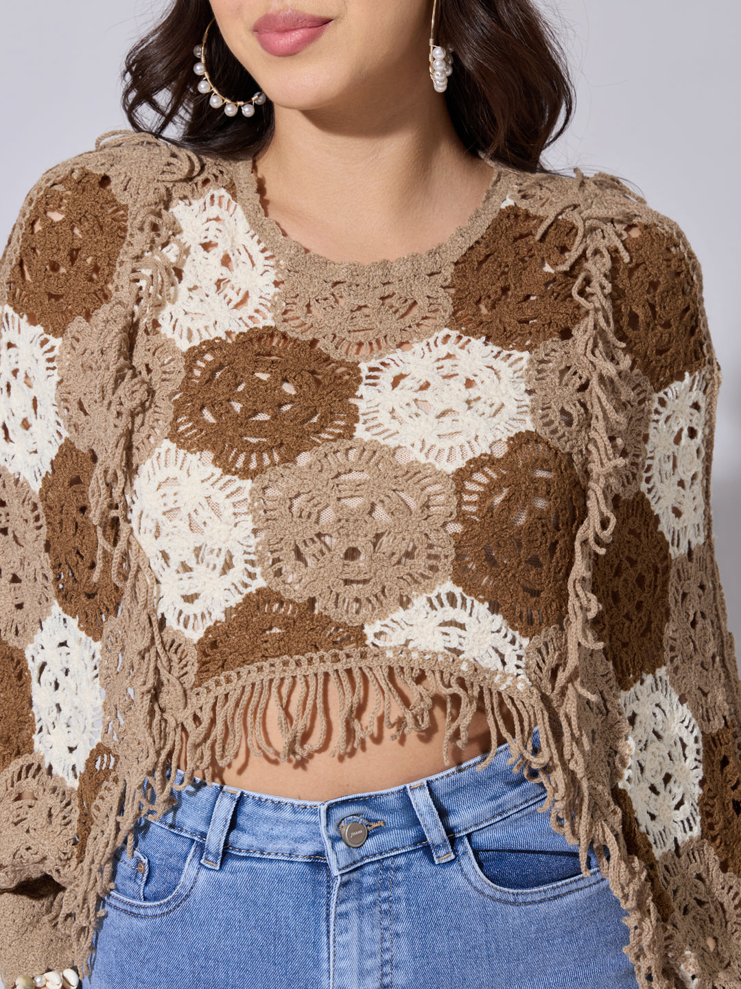 Women's Brown Crochet Crop Top with Fringe Hem