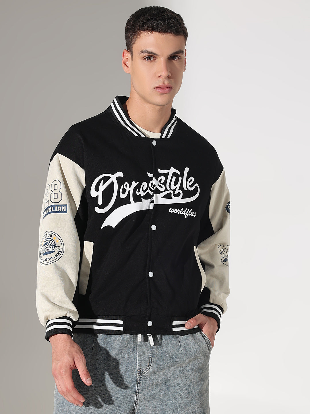Men's Typography Black Mandarin Collar Varsity Jacket