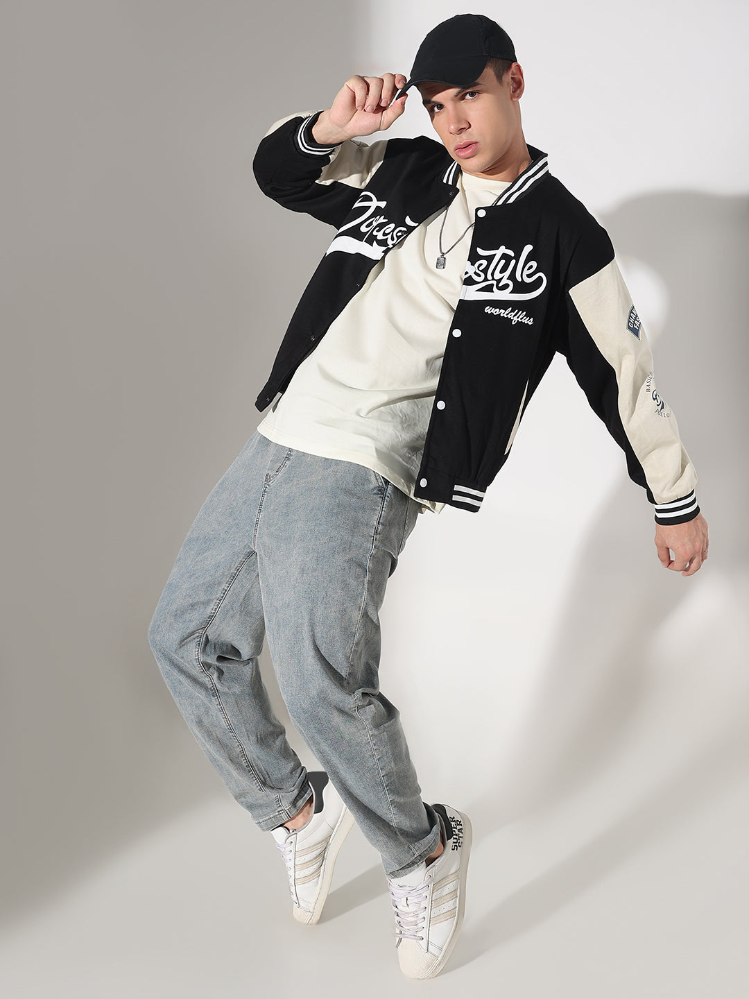 Men's Typography Black Mandarin Collar Varsity Jacket