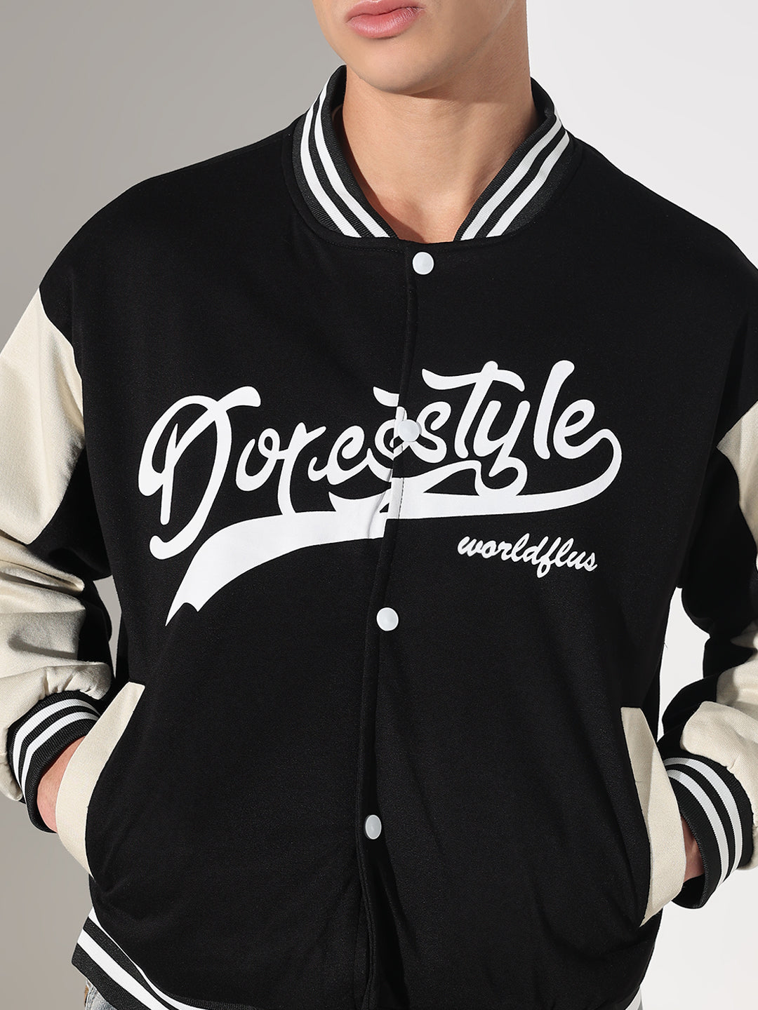 SHOWOFFFF Edition Men's Typography Black Mandarin Collar Varsity