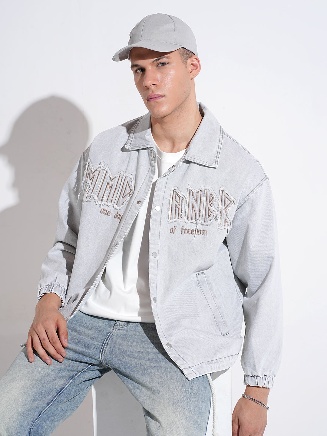 Men's Embroidered Grey Typography Denim Jacket