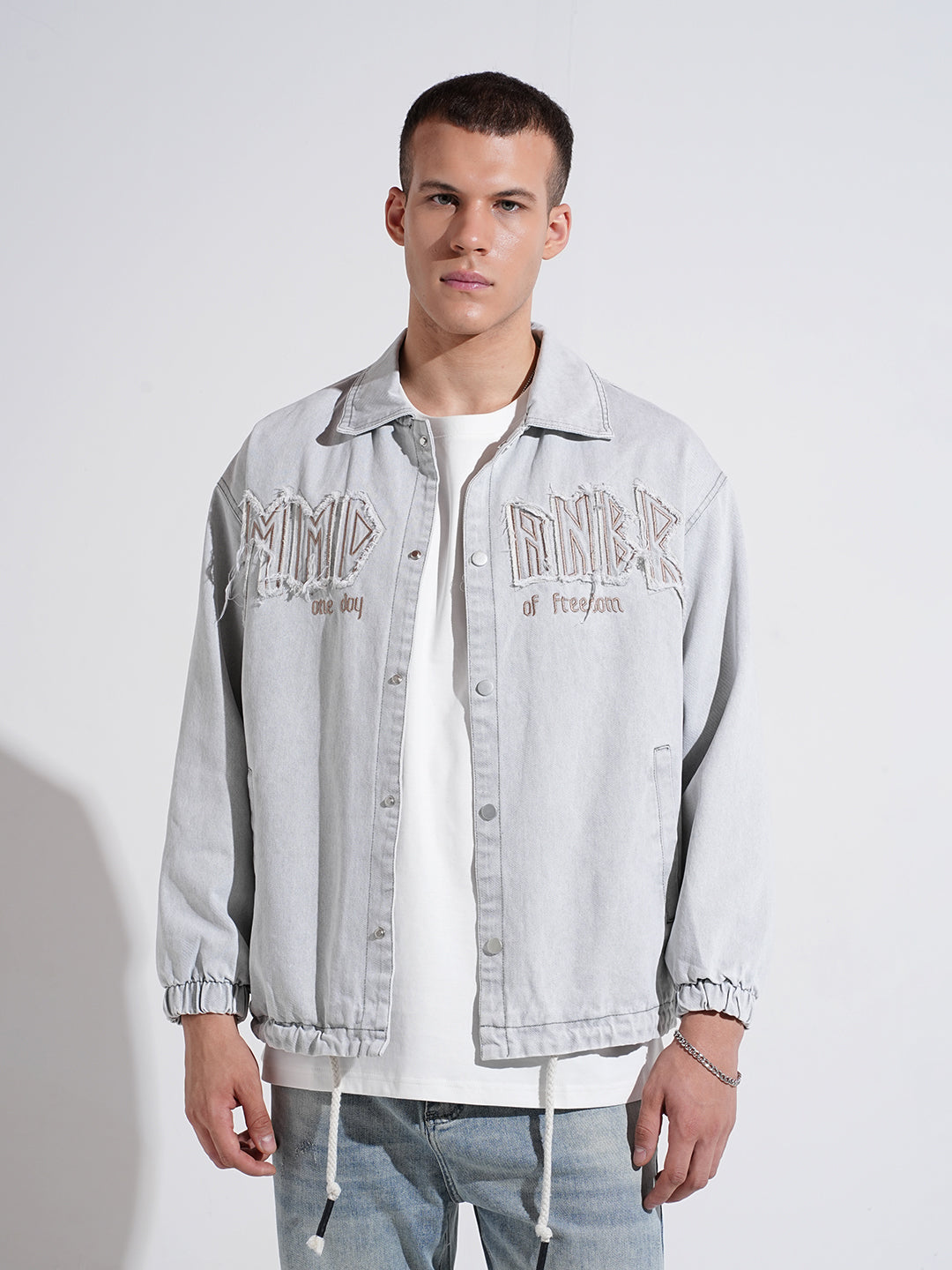 Men's Embroidered Grey Typography Denim Jacket