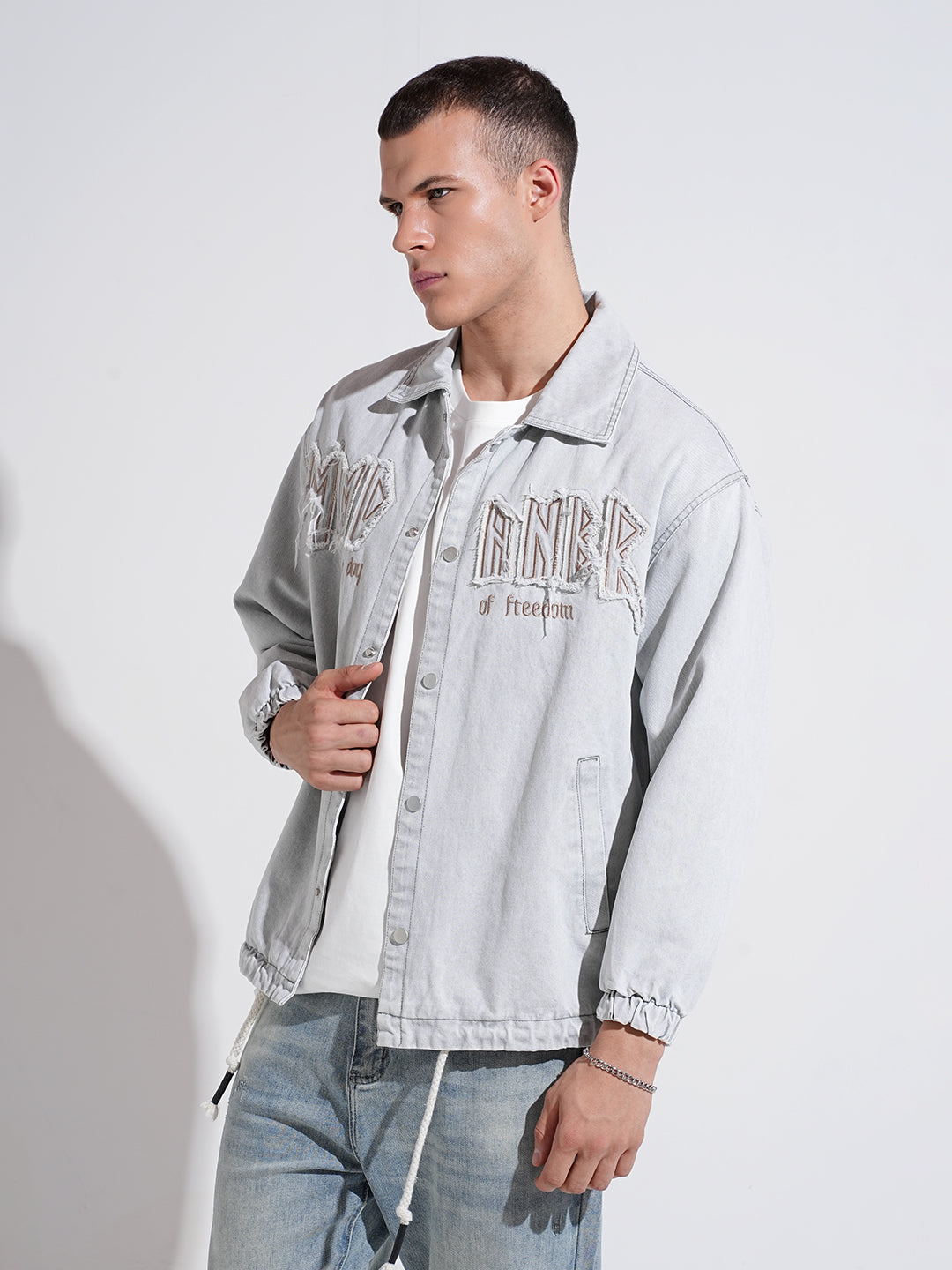Men's Embroidered Grey Typography Denim Jacket